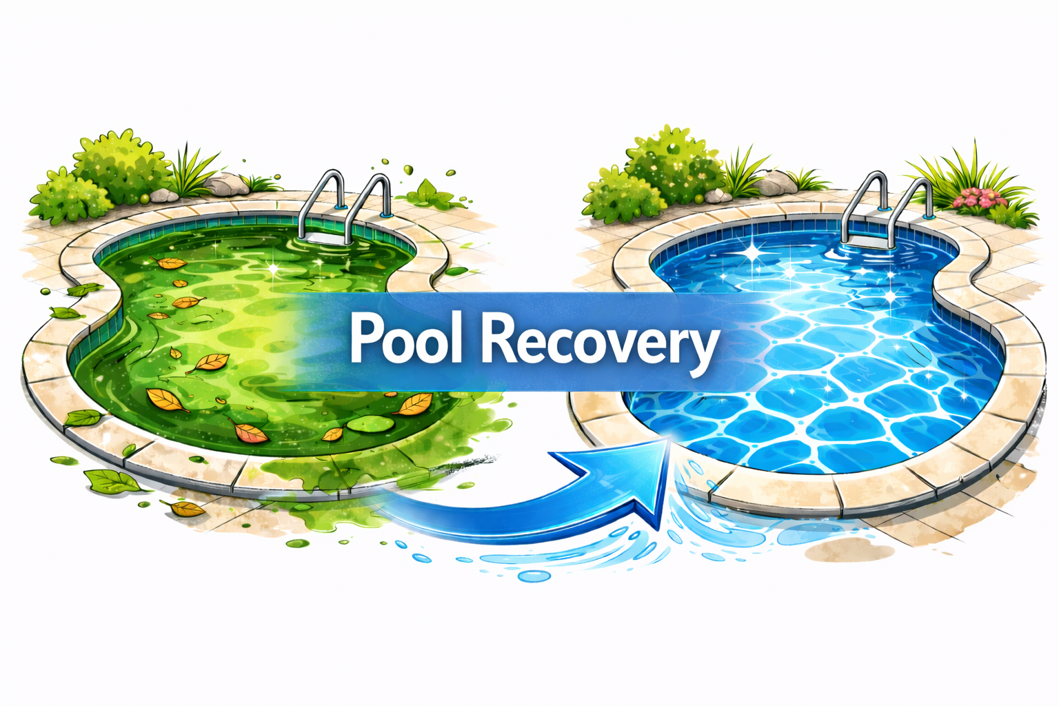 Illustration of a before and after swimming pool clean-up, with a green algae-filled pool on the left and a clean blue pool on the right, labeled "Pool Recovery."