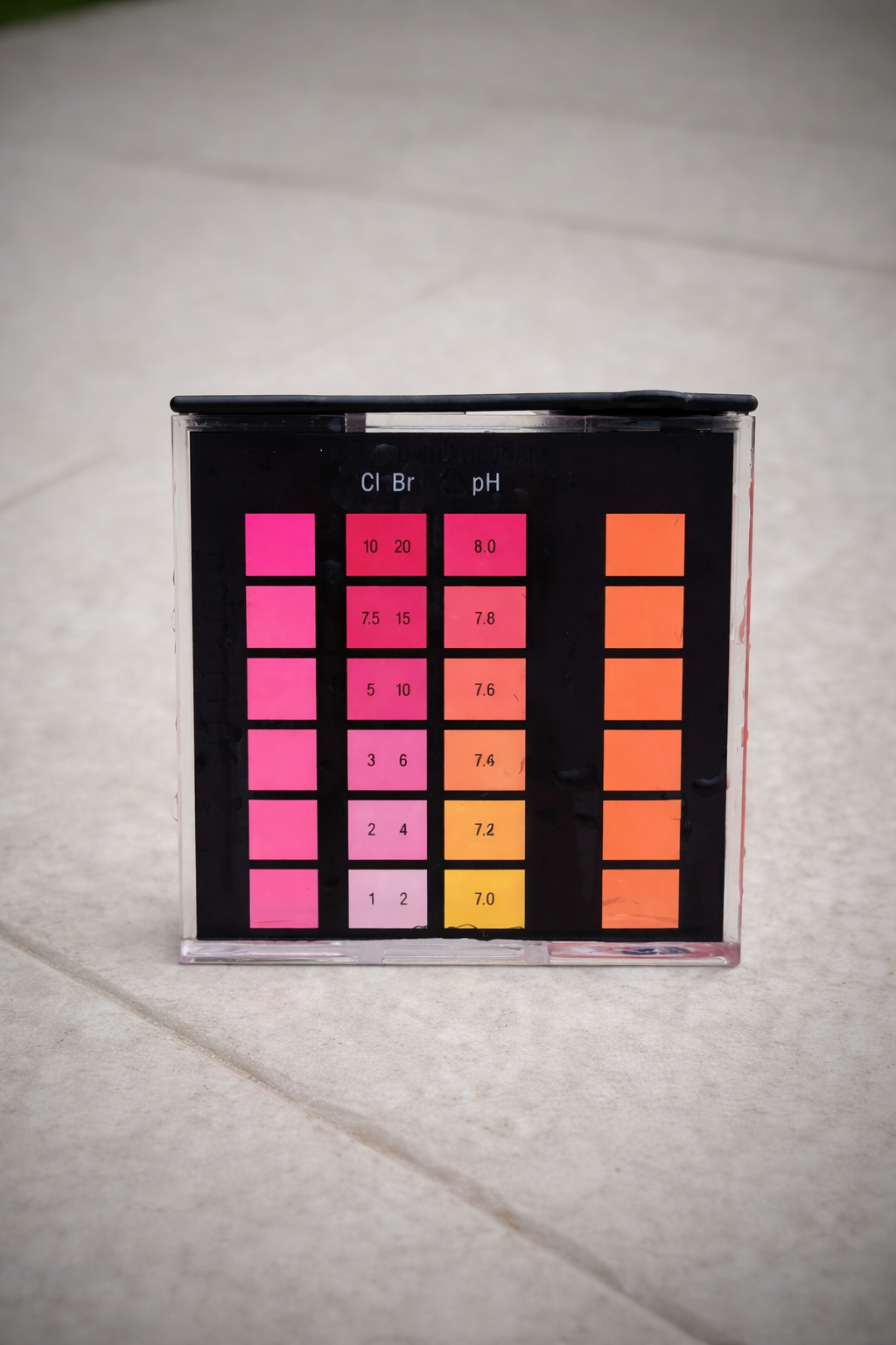 A color chart with pH and chemical indicator levels, showing various shades of pink, orange, and yellow for different pH values.