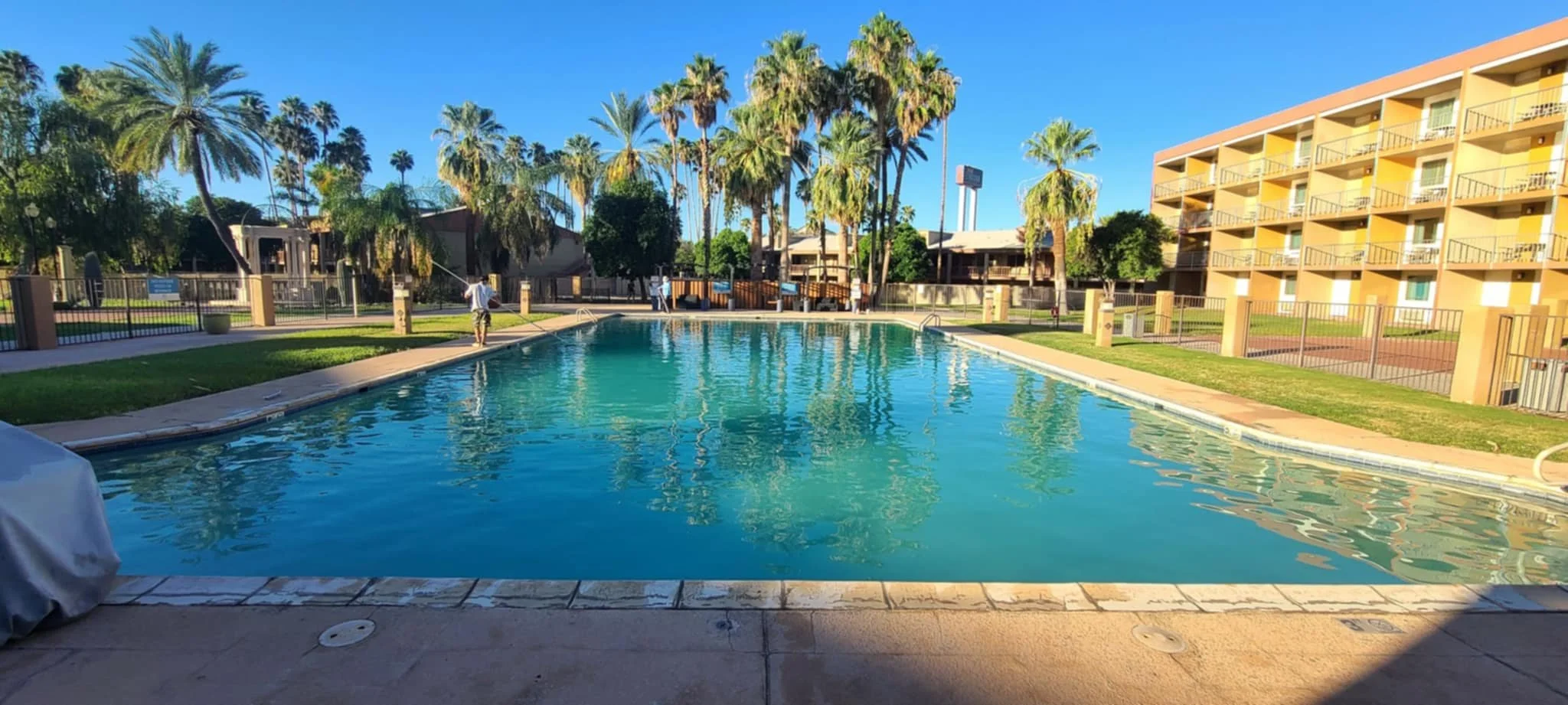 A community swimming pool with palm trees, a yellow apartment building, and people cleaning the pool on a sunny day.