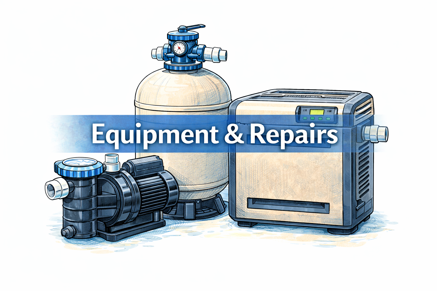 Illustration of pool equipment including a filtration tank, pump, control valve, and a chlorine generator with the text 'Equipment & Repairs' overlayed.