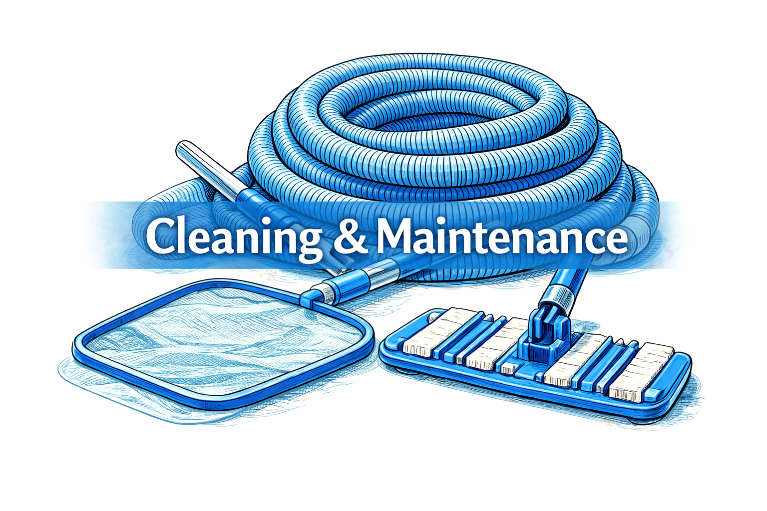 Illustration of cleaning and maintenance tools including a coiled blue flexible hose, a mop with a sponge head, and a scrub brush. The text 'Cleaning & Maintenance' is overlaid on the image.