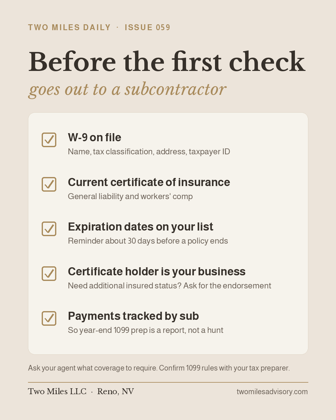 Checklist "Before the first check": W-9 on file, current certificate of insurance (general liability and workers' comp), expiration dates, certificate holder is your business, payments tracked by sub. Ask your agent what coverage to require.