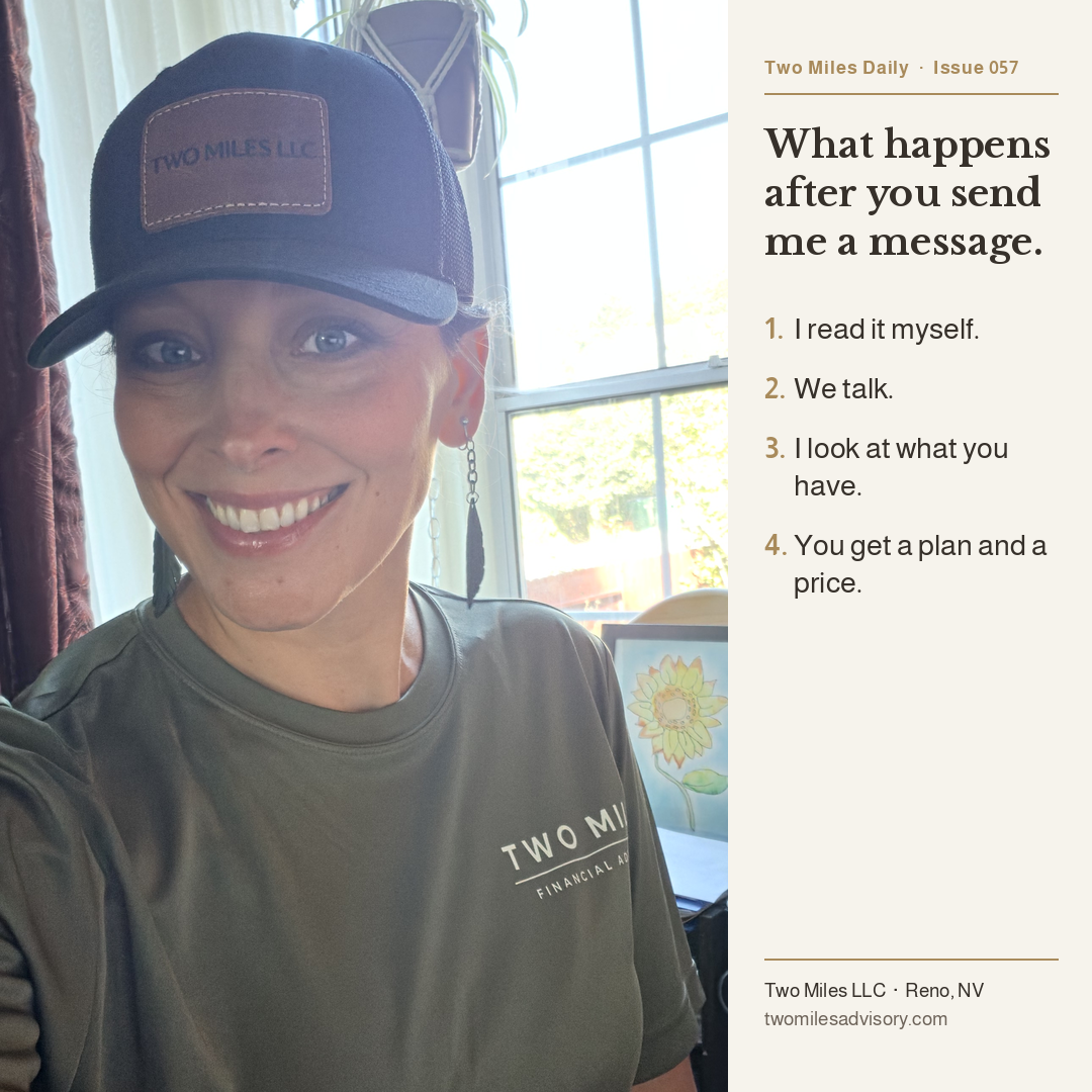 Rachel, owner of Two Miles LLC, with the headline 'What happens after you send me a message' and four steps.