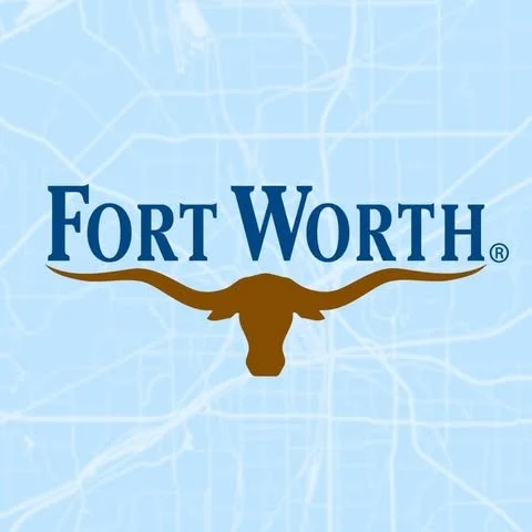 Fort Worth logo with a longhorn skull and city map in the background.
