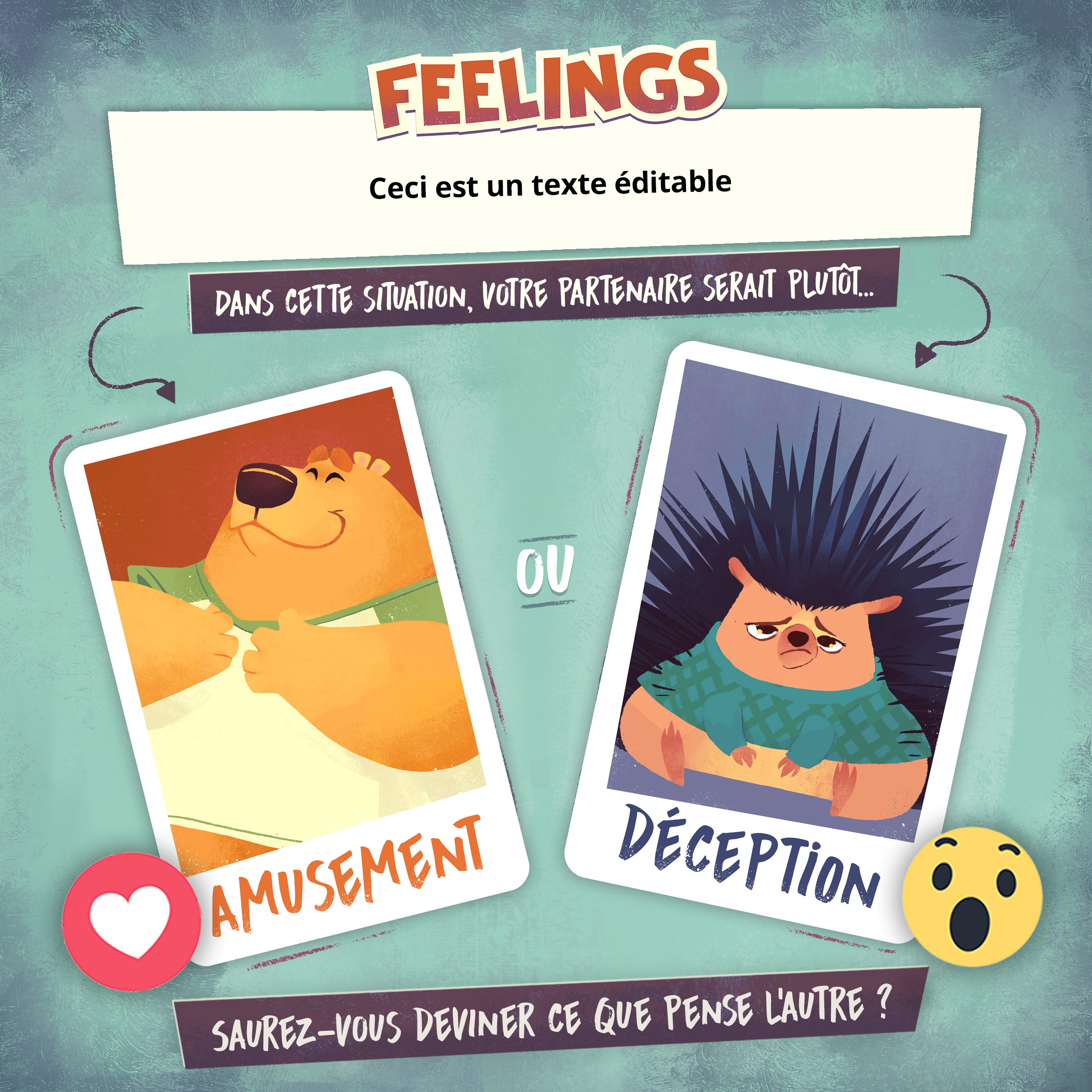 Mise en page d'un post à engagement pour les réseaux reprenant le style du jeu de société "Feelings" de Act In Games.