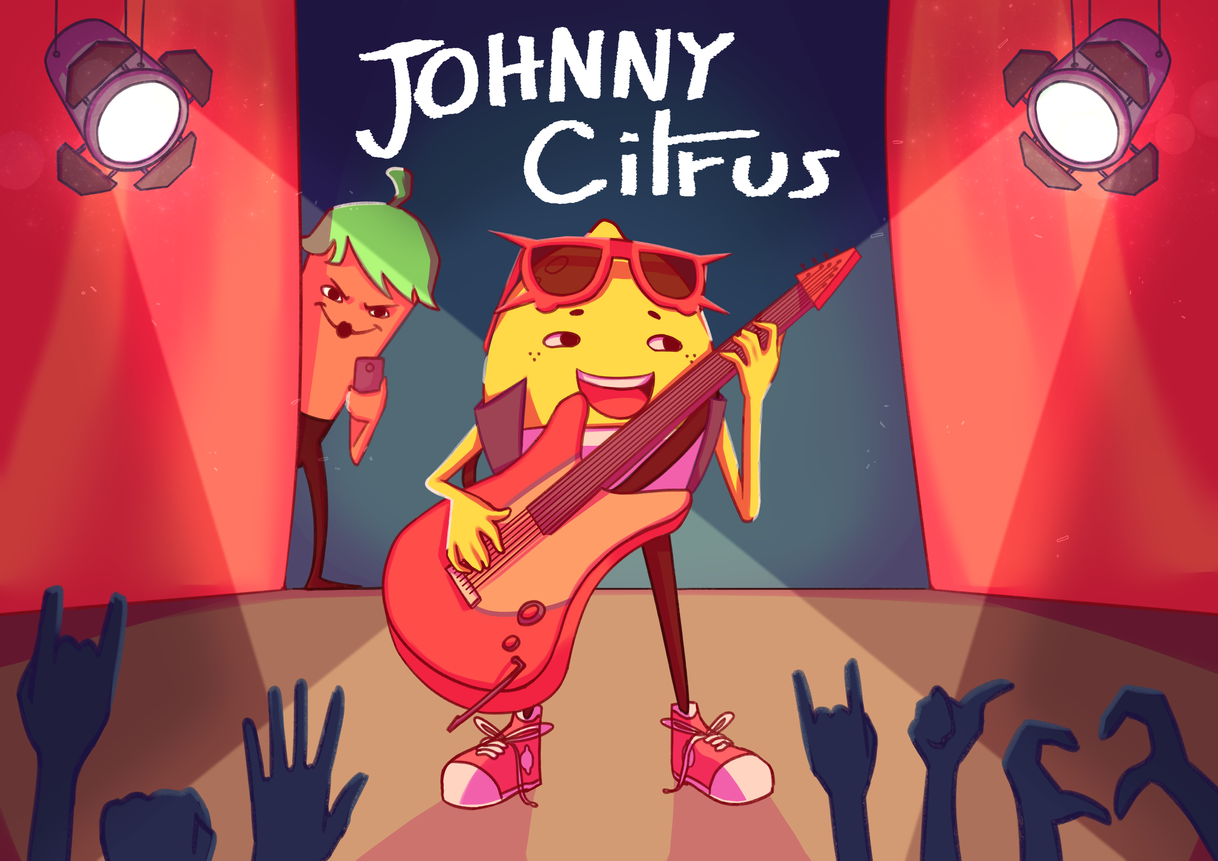 Couverture du livre d'illustration "Johnny Citrus" par Laurent Degreve aka Neytix, mettant en scène un citron rockeur en train de jouer de la guitare.