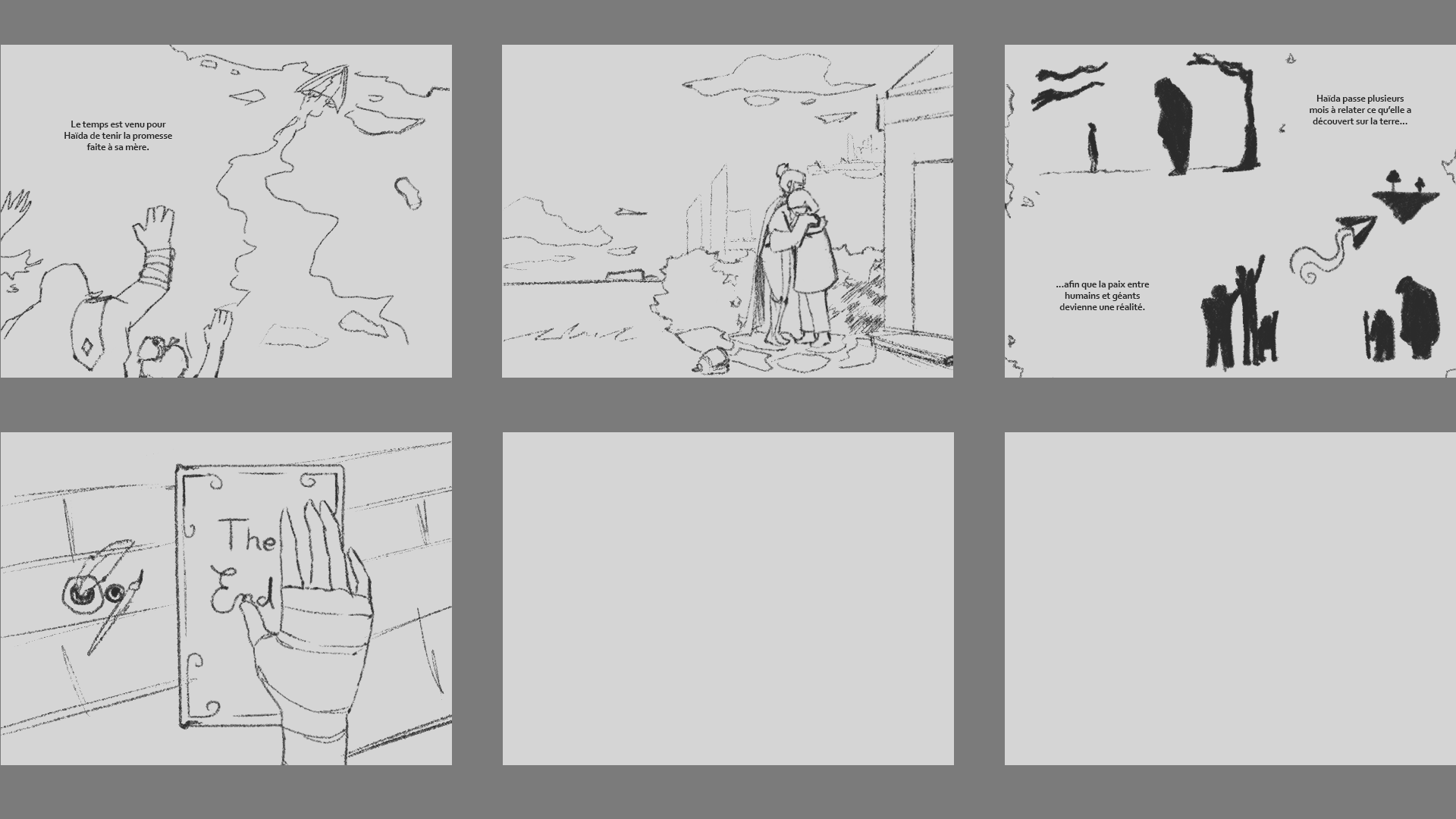Planche des croquis réalisés pour le découpage/storyboard du livre d'illustration "Au-delà des nuages" par Laurent Degreve aka Neytix.