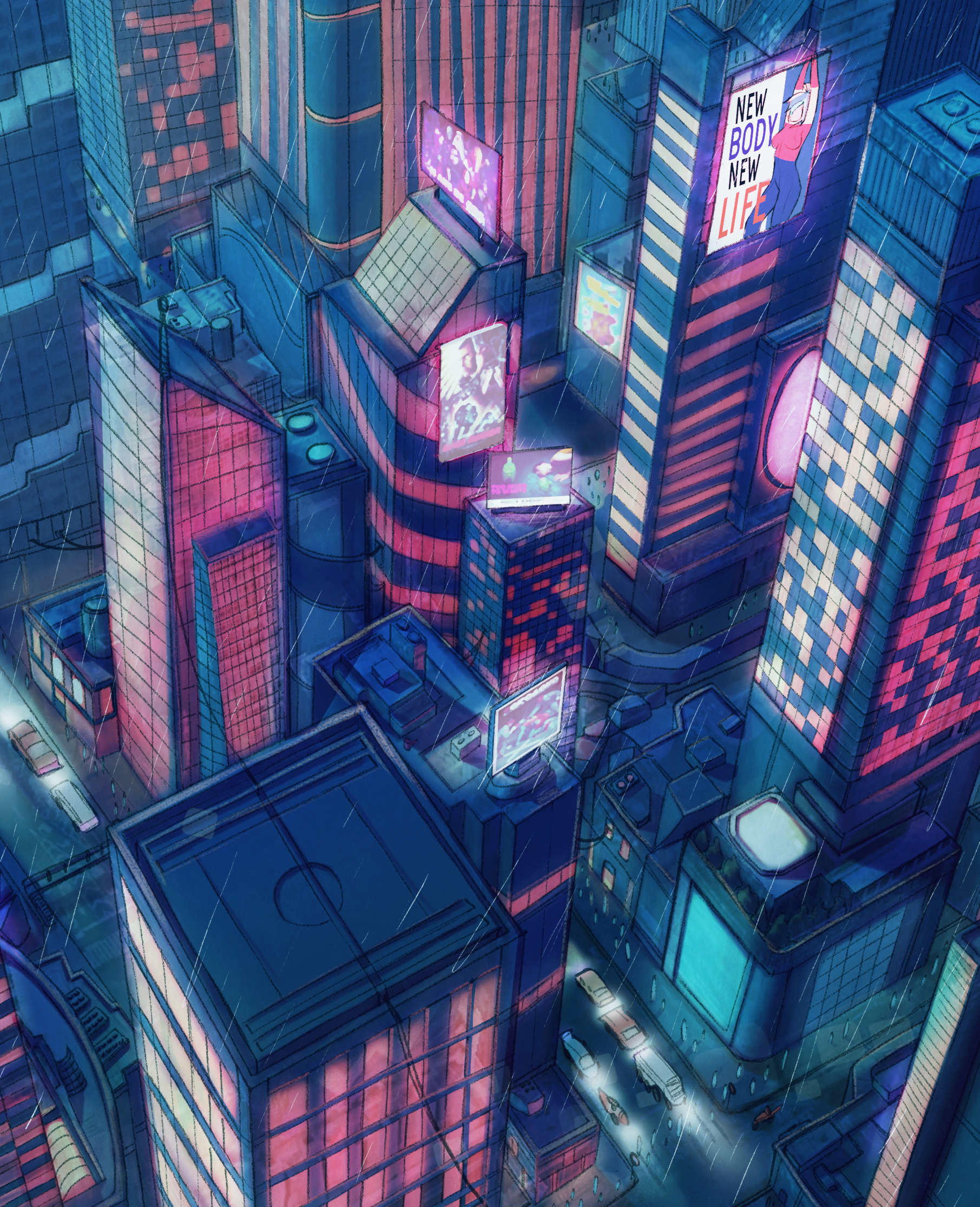 Une vue urbaine de nuit avec des gratte-ciel illuminés de néons roses, bleus et violets, avec plusieurs écrans publicitaires lumineux et des voitures sur la rue.