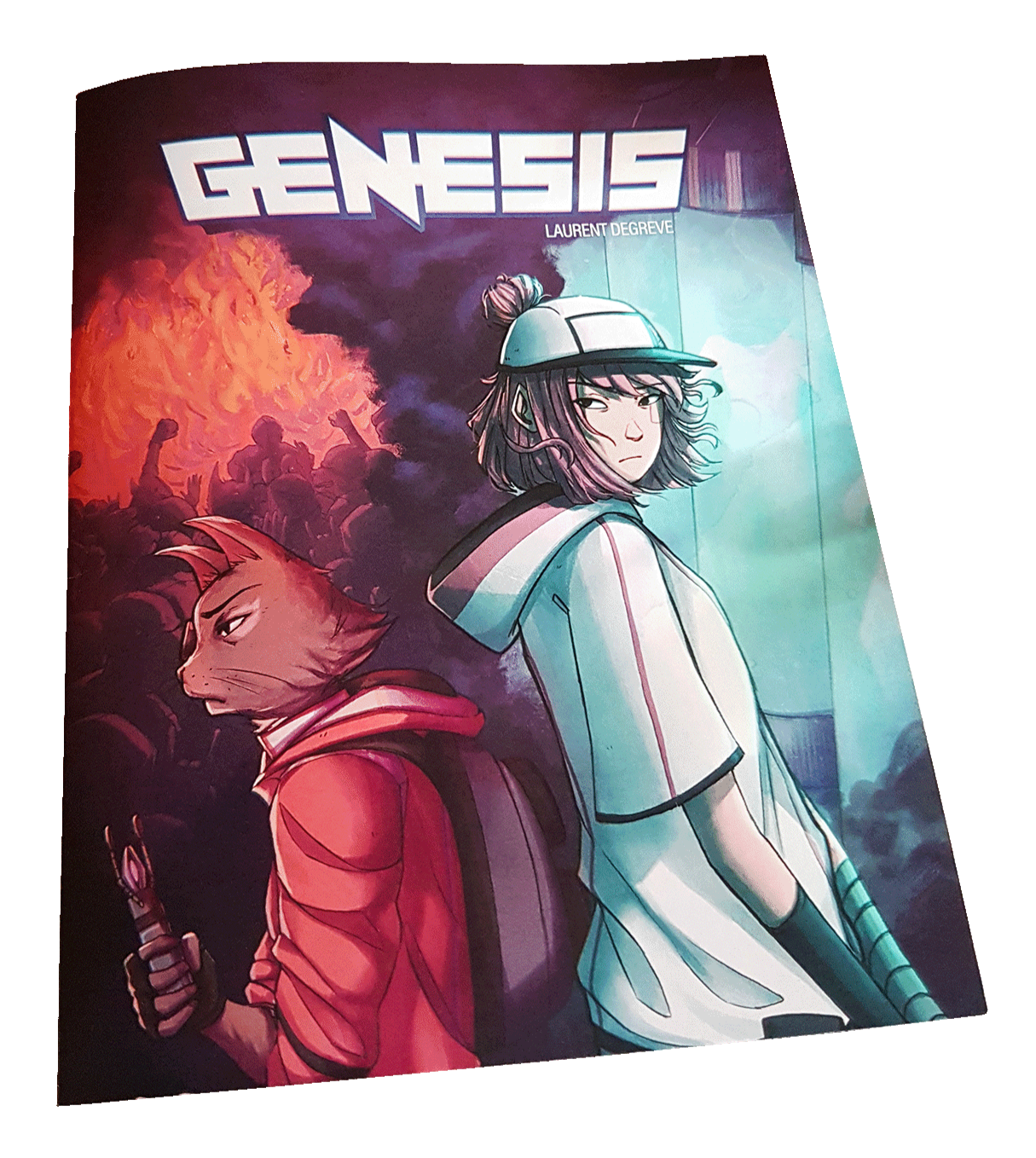 Couverture de la bande-dessinée "GENESIS" par Laurent Degreve aka Neytix, représentant les personnages Lucy et Eugène sous un fond coloré et futuriste à l'image de la BD.