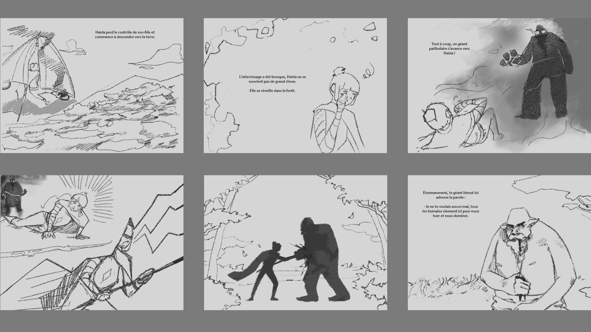 Planche des croquis réalisés pour le découpage/storyboard du livre d'illustration "Au-delà des nuages" par Laurent Degreve aka Neytix.