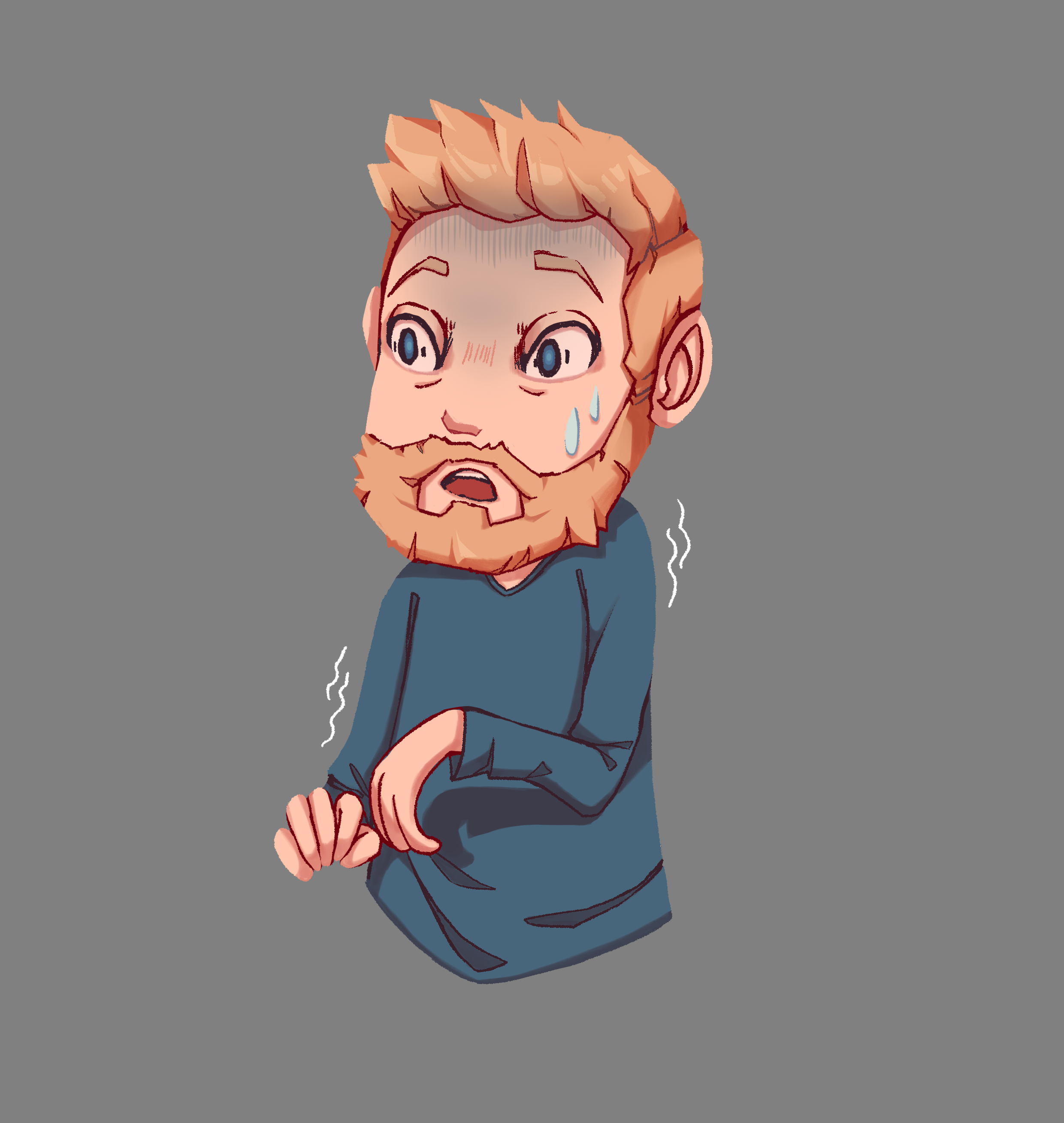 Illustration de Neytix pour le projet BD de son stage, représentant Thibaut de l'équipe de Act In Games montrant une expression apeurée.