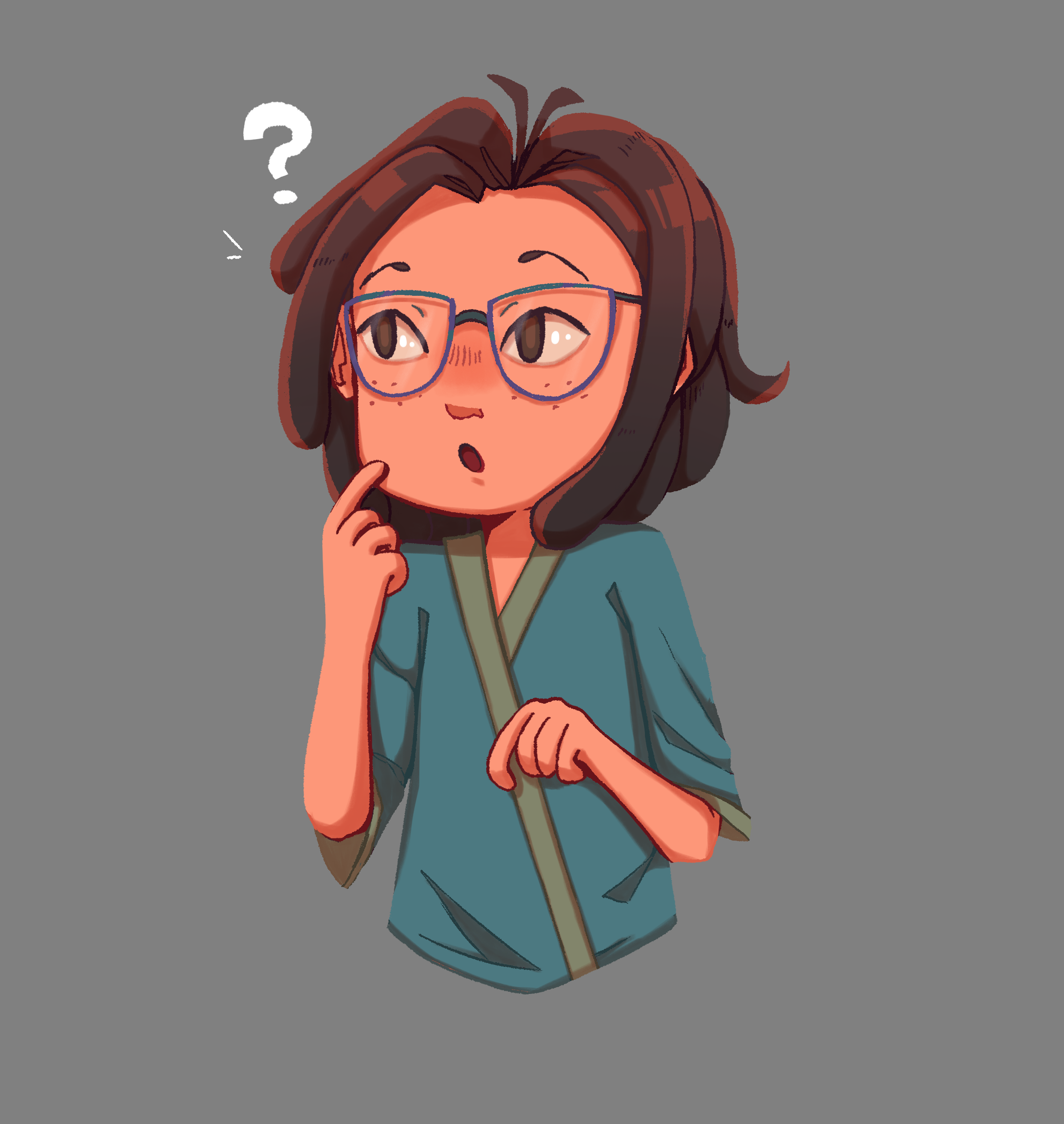 Illustration de Neytix pour le projet BD de son stage, représentant Sabrina de l'équipe de Act In Games montrant une expression intriguée.