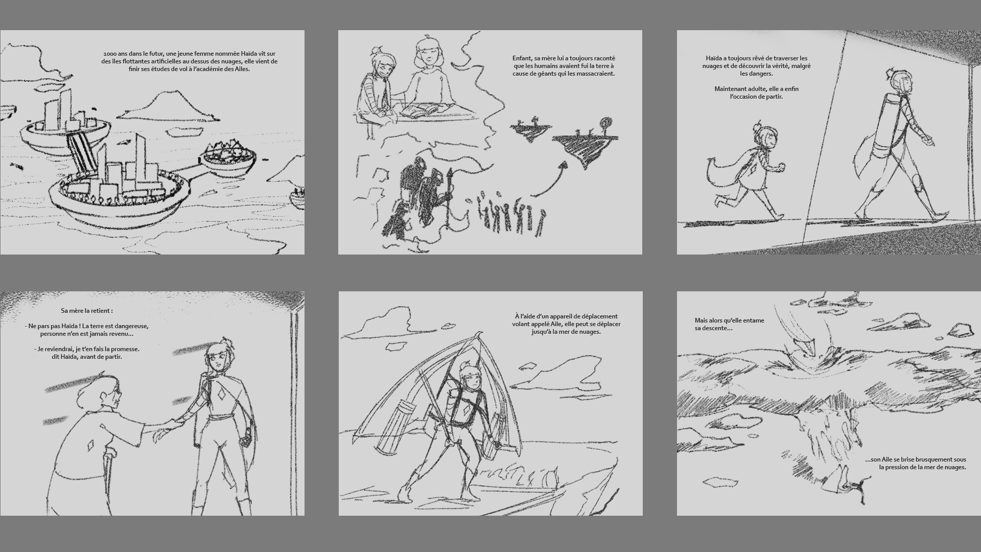 Planche des croquis réalisés pour le découpage/storyboard du livre d'illustration "Au-delà des nuages" par Laurent Degreve aka Neytix.
