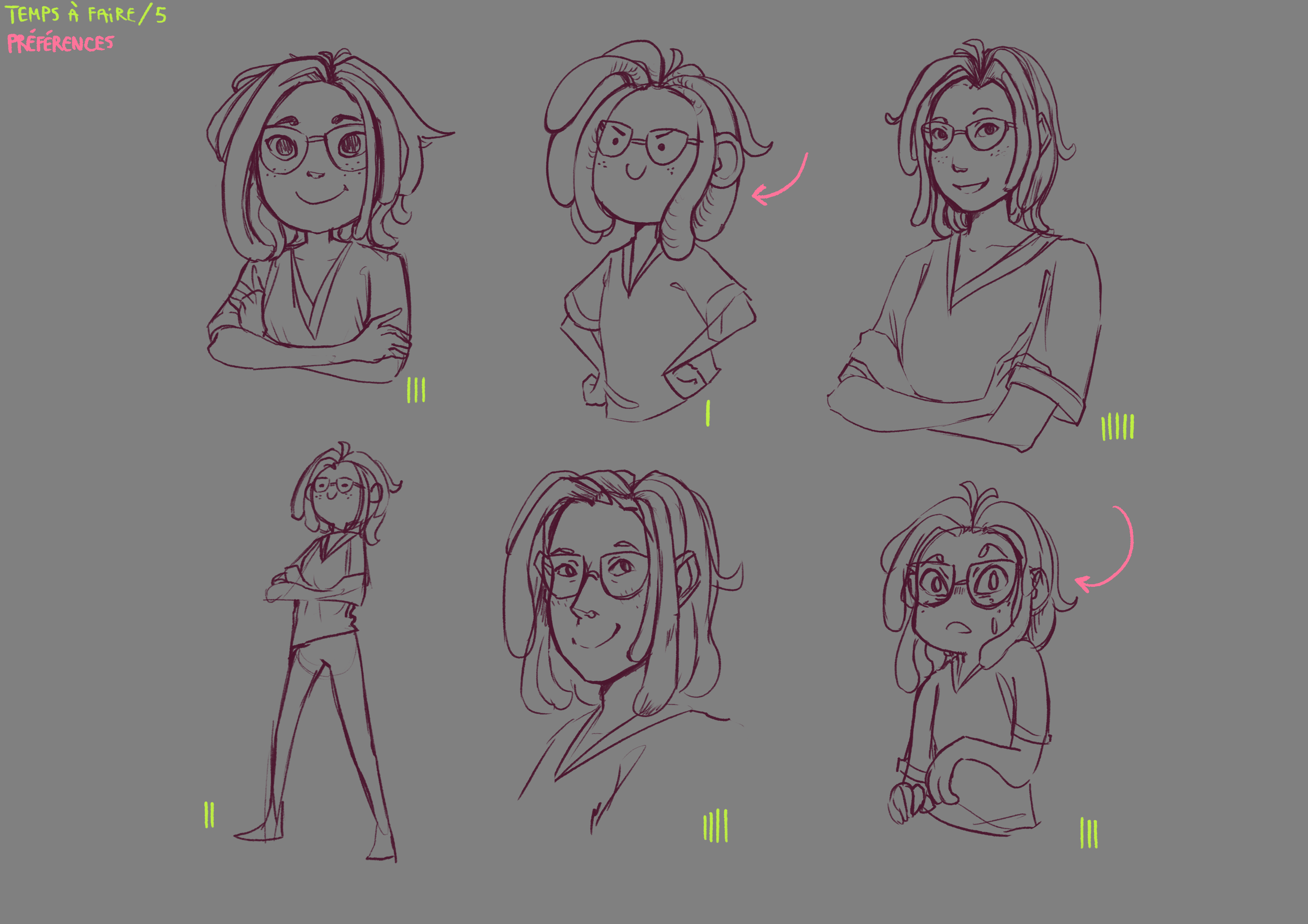 Croquis de recherche de style pour le projet BD du stage de Neytix chez Act In Games.
