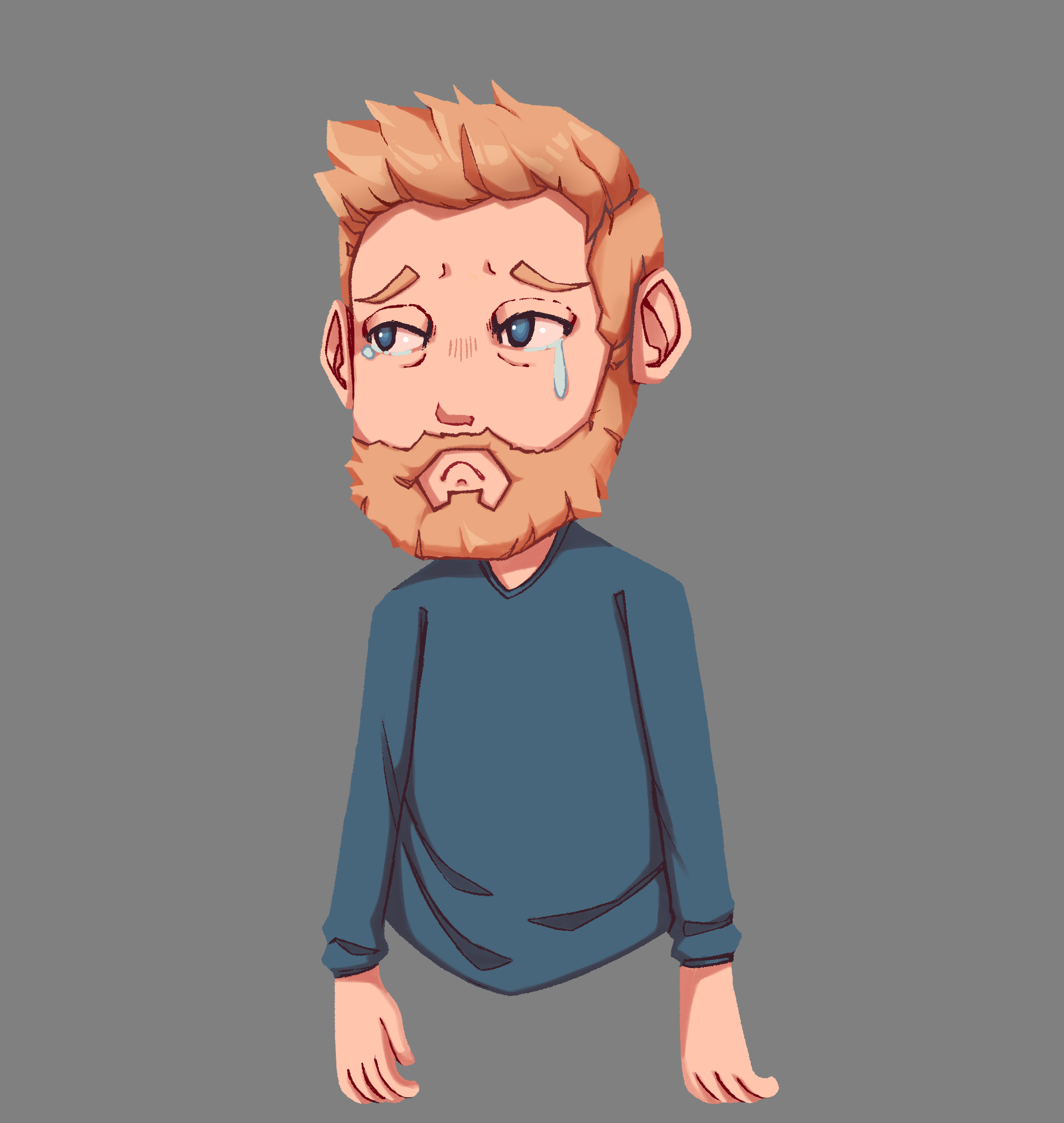 Illustration de Neytix pour le projet BD de son stage, représentant Thibaut de l'équipe de Act In Games montrant une expression triste.
