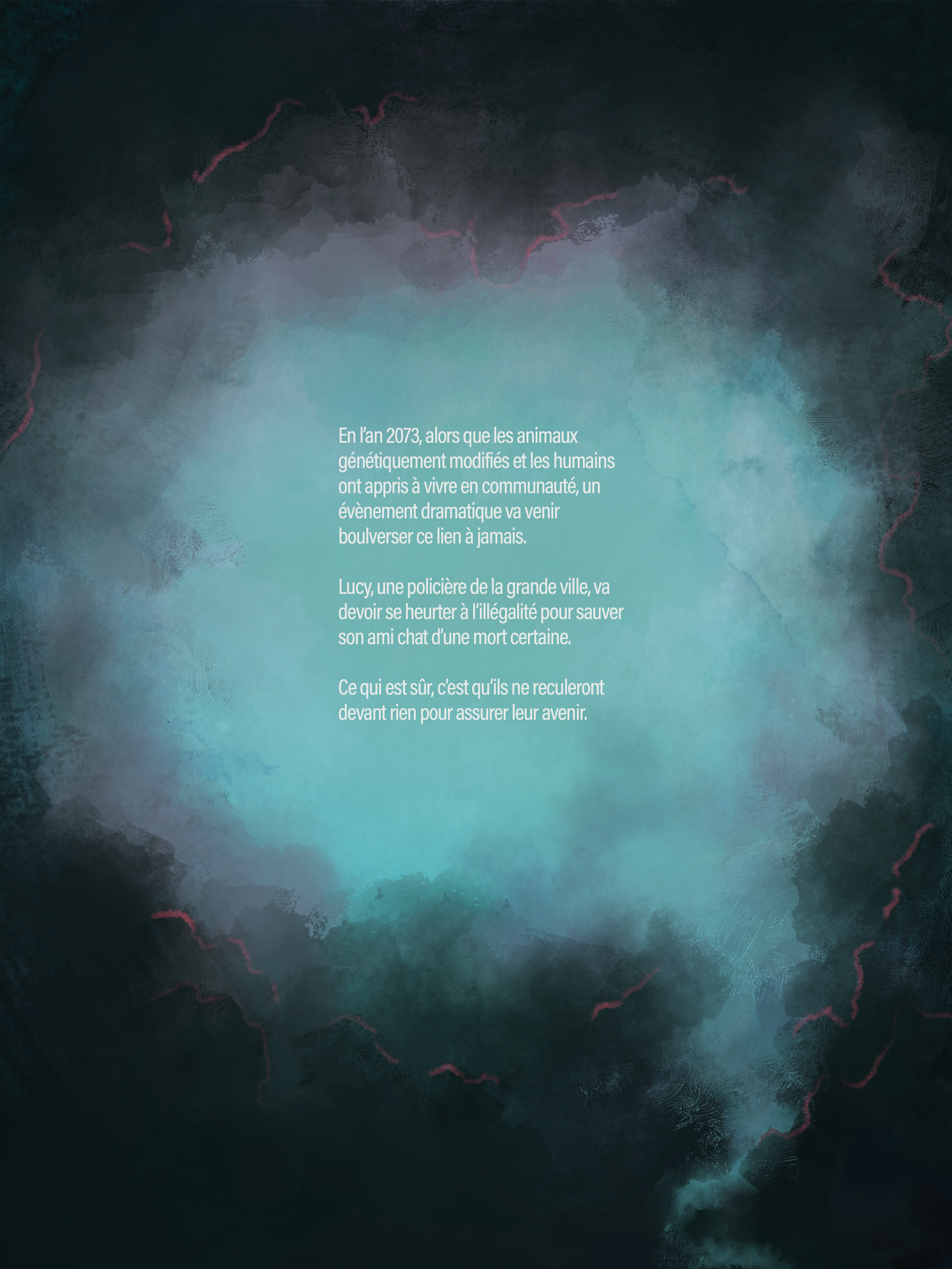 4ème de couverture de la bande-dessinée "GENESIS" par Laurent Degreve aka Neytix, représentant un brouillard noir et bleu en forme de cerveau ainsi que le synopsis par dessus.