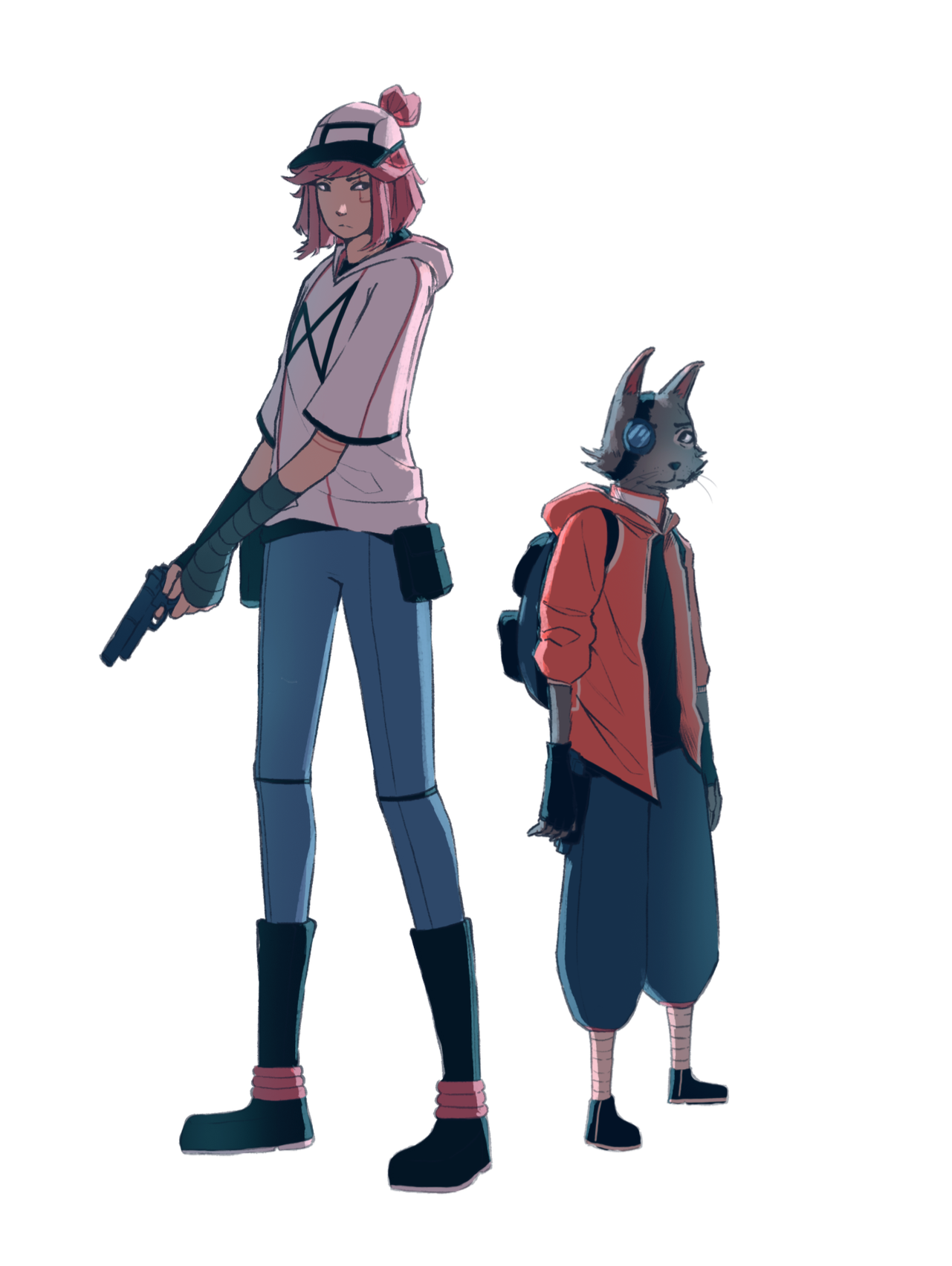 Les deux personnages principaux de la BD "GENESIS", Lucy, une policière humaine et son ami Eugène, un chat anthropomorphe.