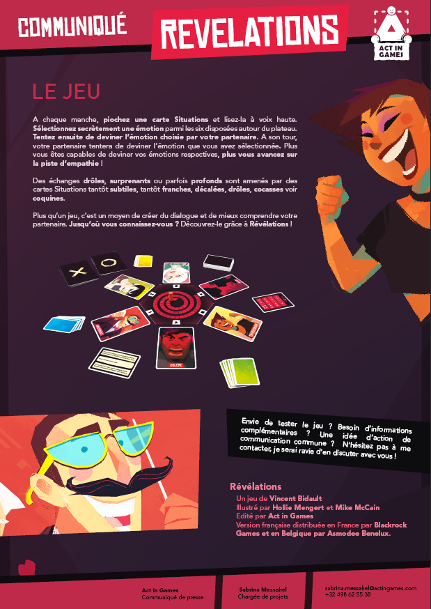 Mise en page d'un communiqué de presse dans le style du jeu de société "Revelations" de Act In Games.