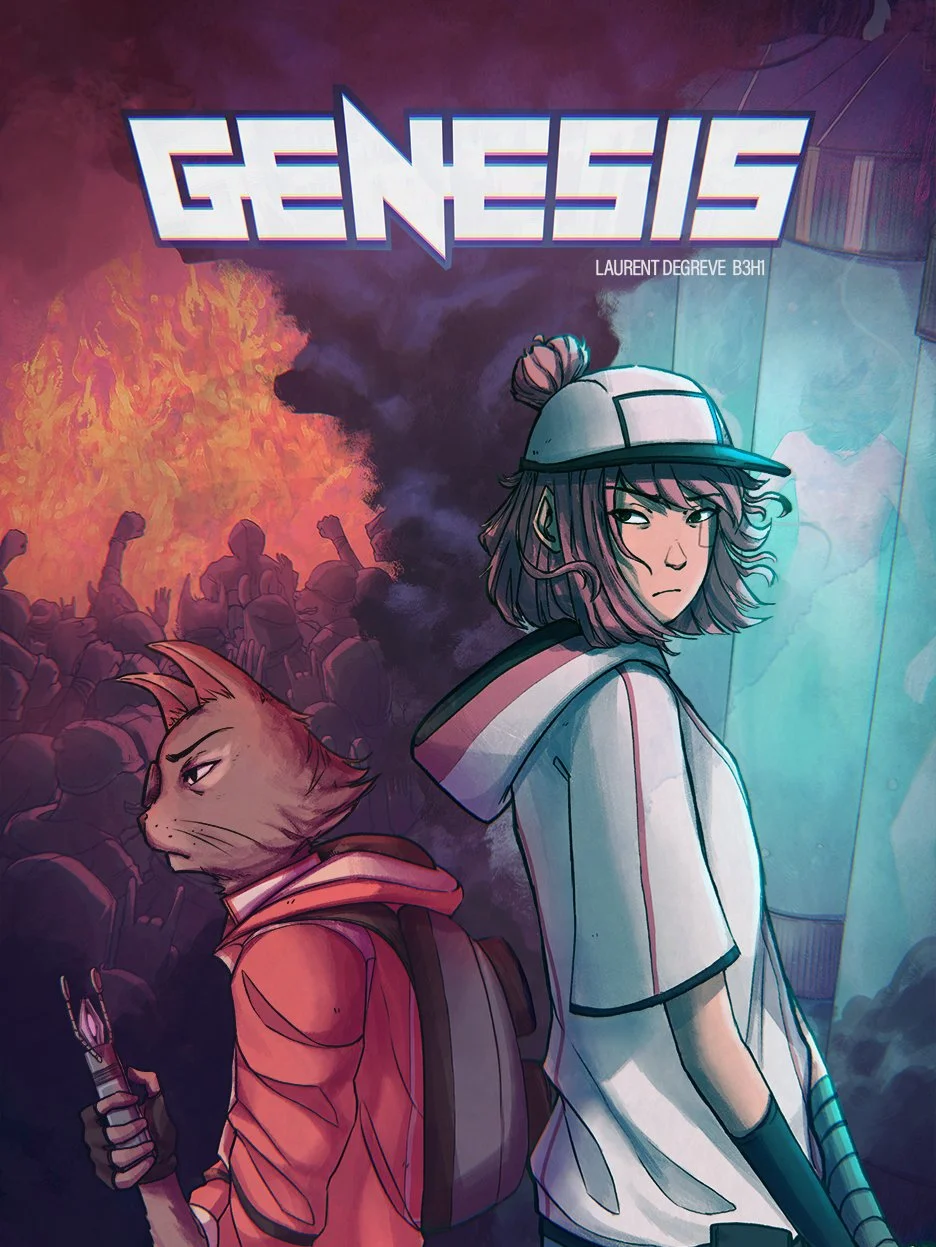 Couverture de la bande-dessinée "GENESIS" par Laurent Degreve aka Neytix, représentant les personnages Lucy et Eugène sous un fond coloré et futuriste à l'image de la BD.