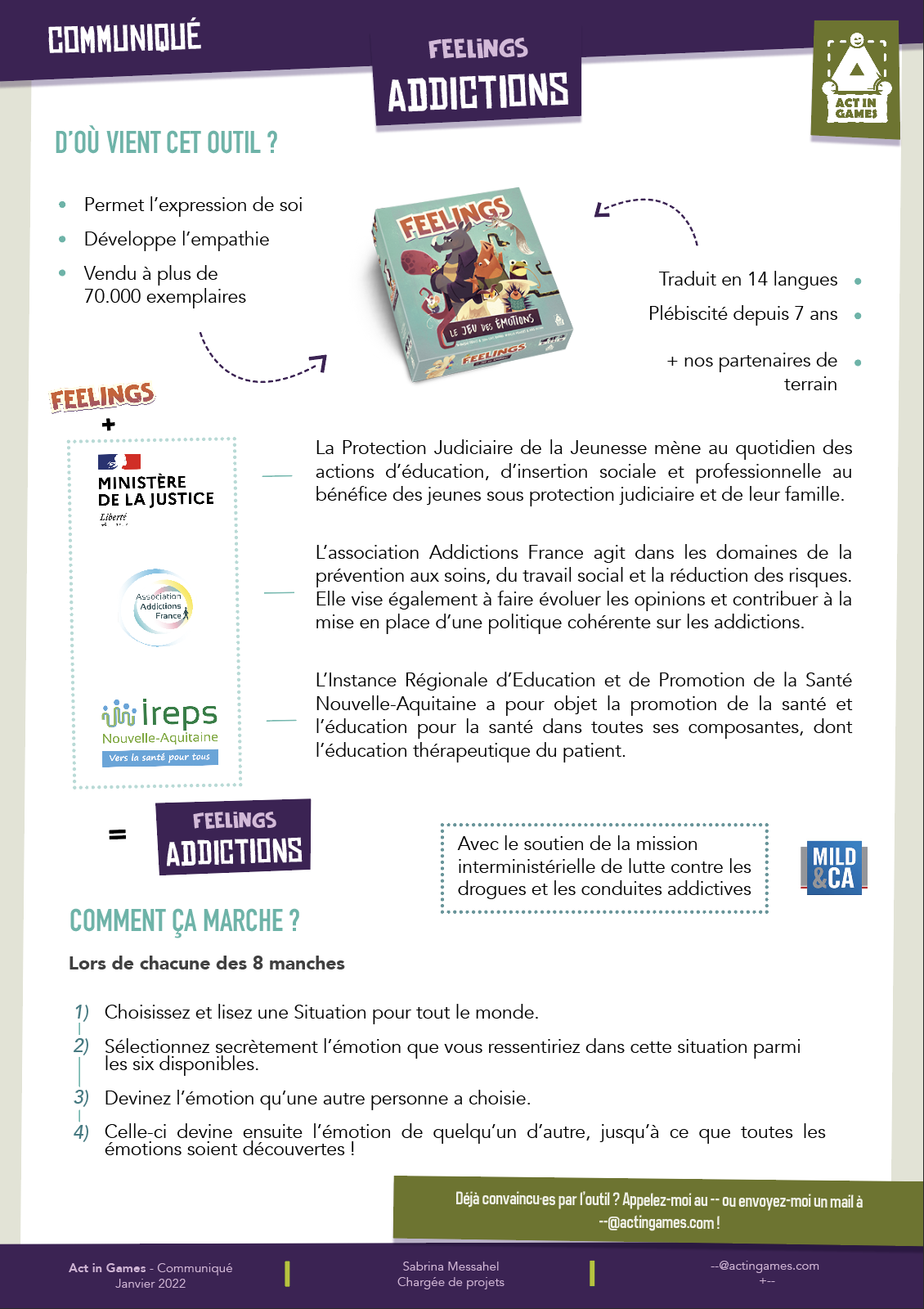 Mise en page d'un communiqué de presse dans le style du jeu de société "Feelings" de Act In Games.