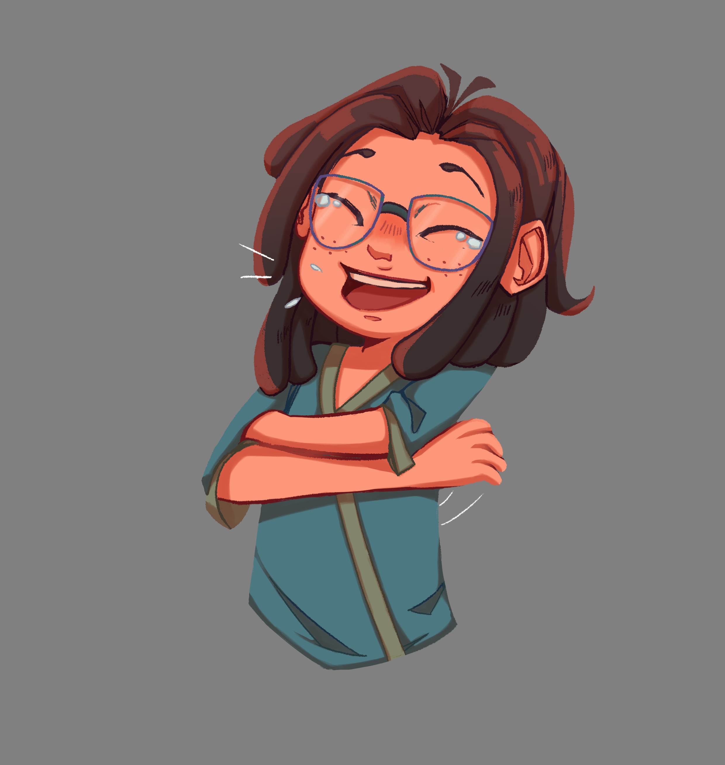 Illustration de Neytix pour le projet BD de son stage, représentant Sabrina de l'équipe de Act In Games en train de rigoler.