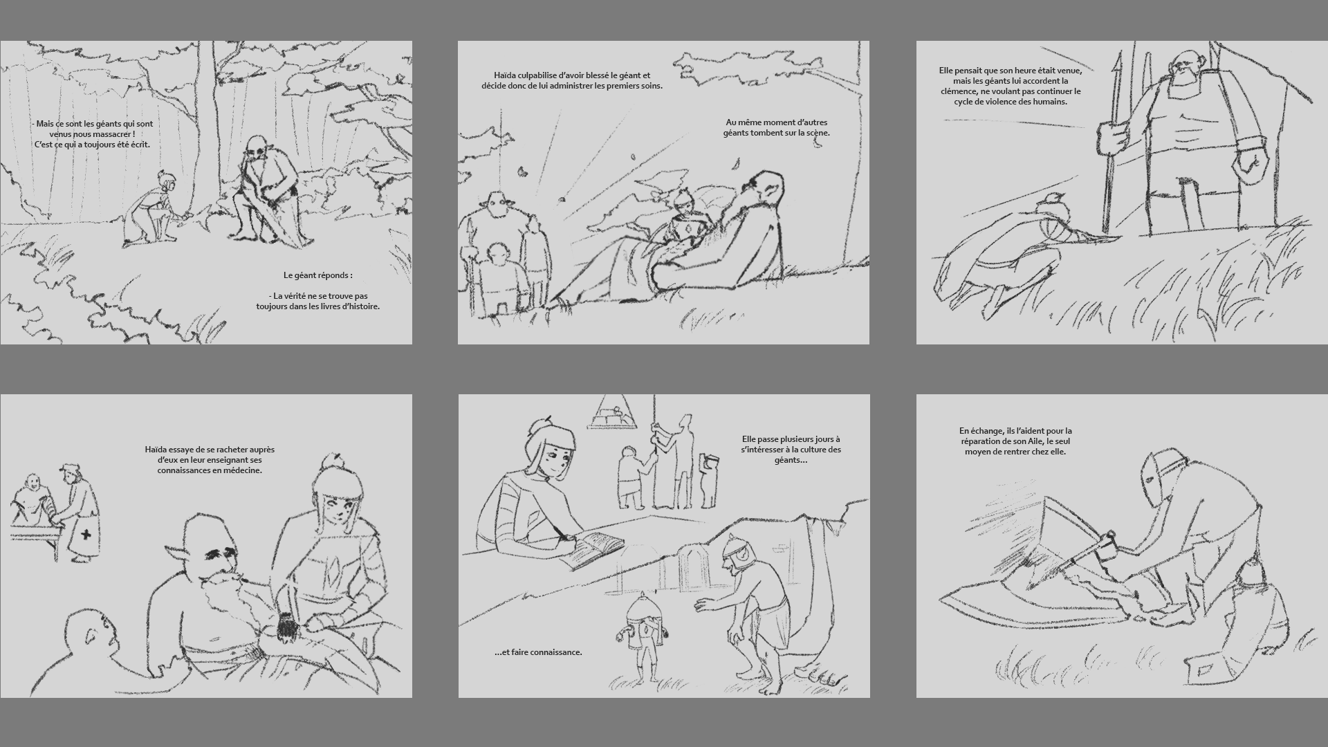 Planche des croquis réalisés pour le découpage/storyboard du livre d'illustration "Au-delà des nuages" par Laurent Degreve aka Neytix.