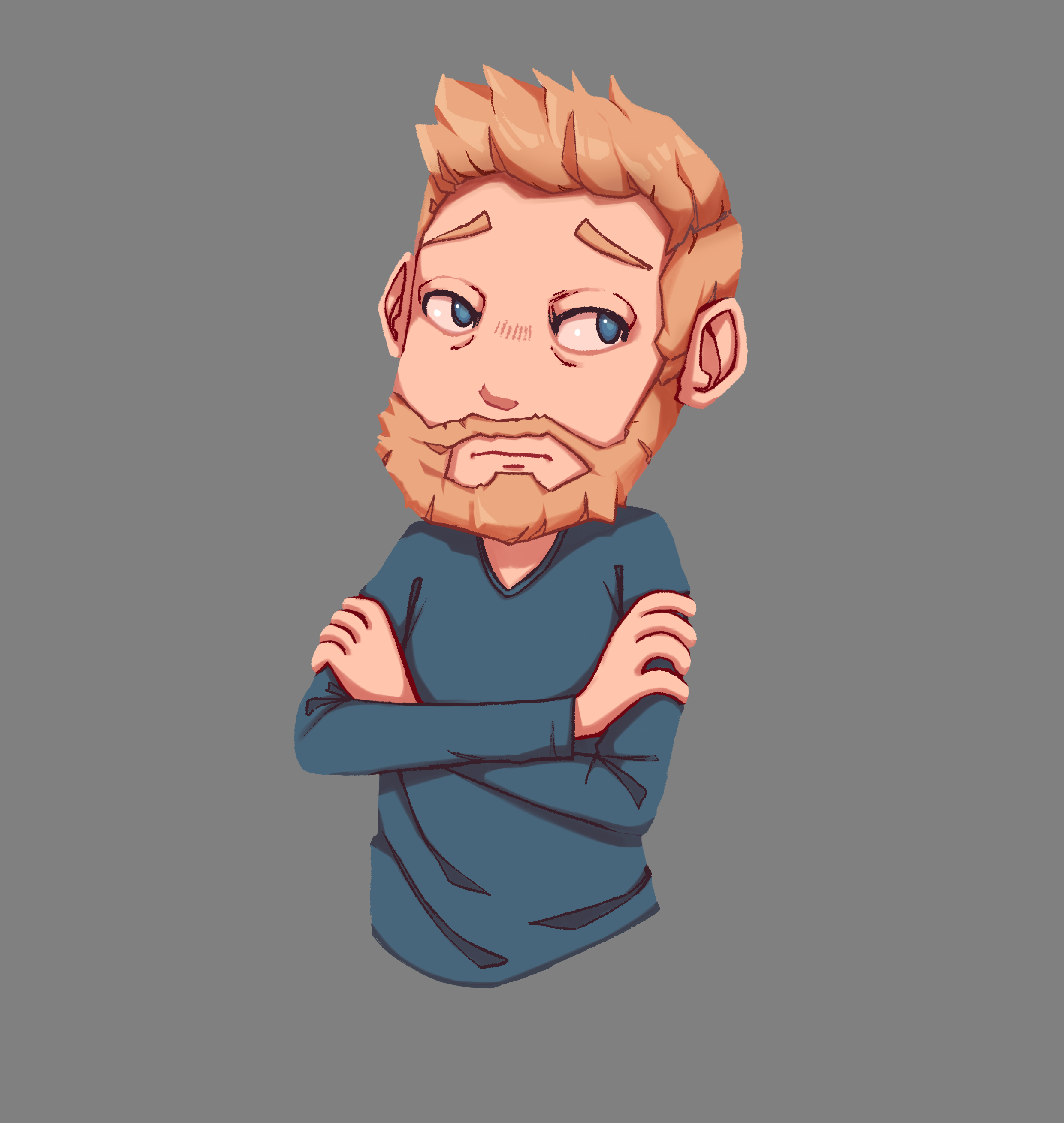 Illustration de Neytix pour le projet BD de son stage, représentant Thibaut de l'équipe de Act In Games montrant une expression ennuyée.