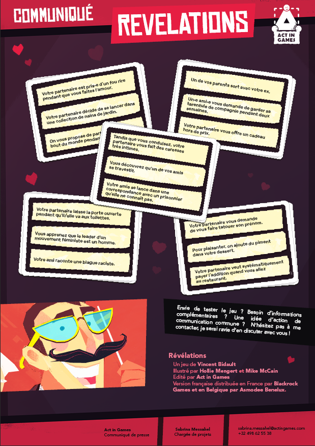 Mise en page d'un communiqué de presse dans le style du jeu de société "Revelations" de Act In Games.