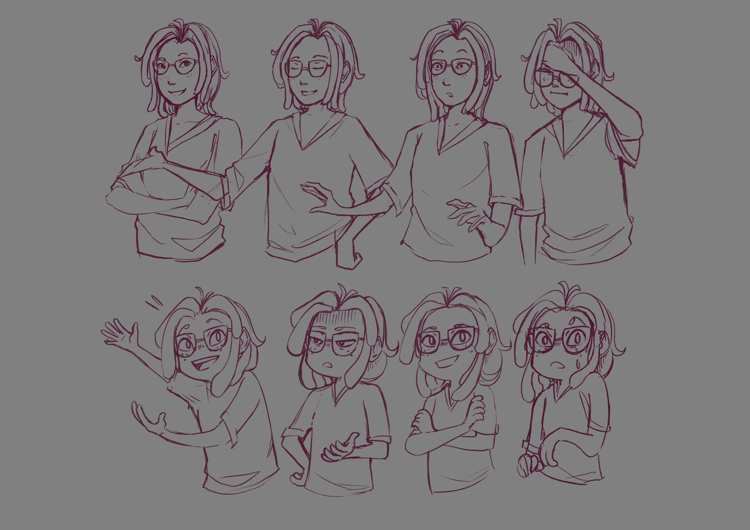 Croquis de recherche de style pour le projet BD du stage de Neytix chez Act In Games.