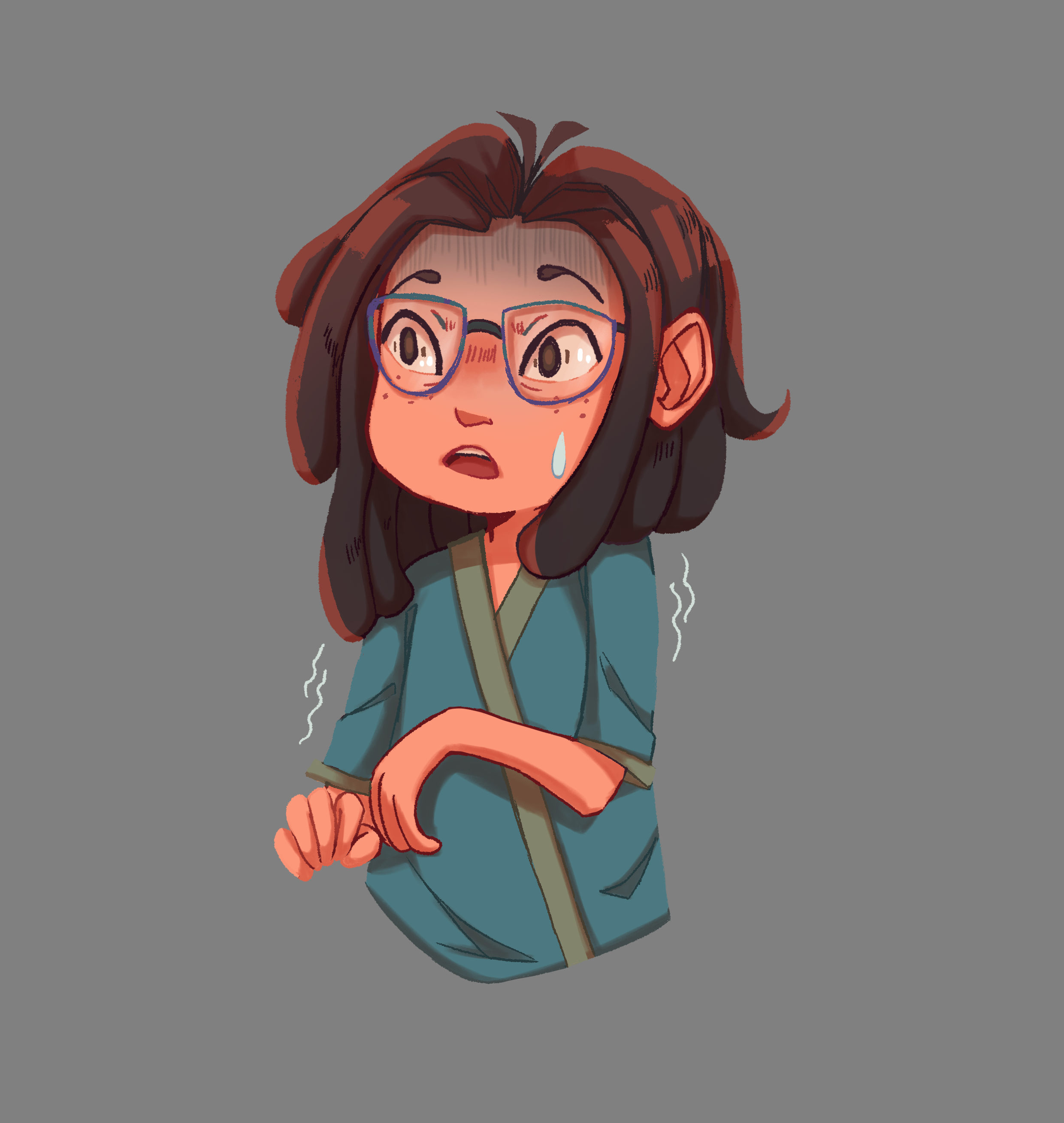 Illustration de Neytix pour le projet BD de son stage, représentant Sabrina de l'équipe de Act In Games montrant une expression apeurée.