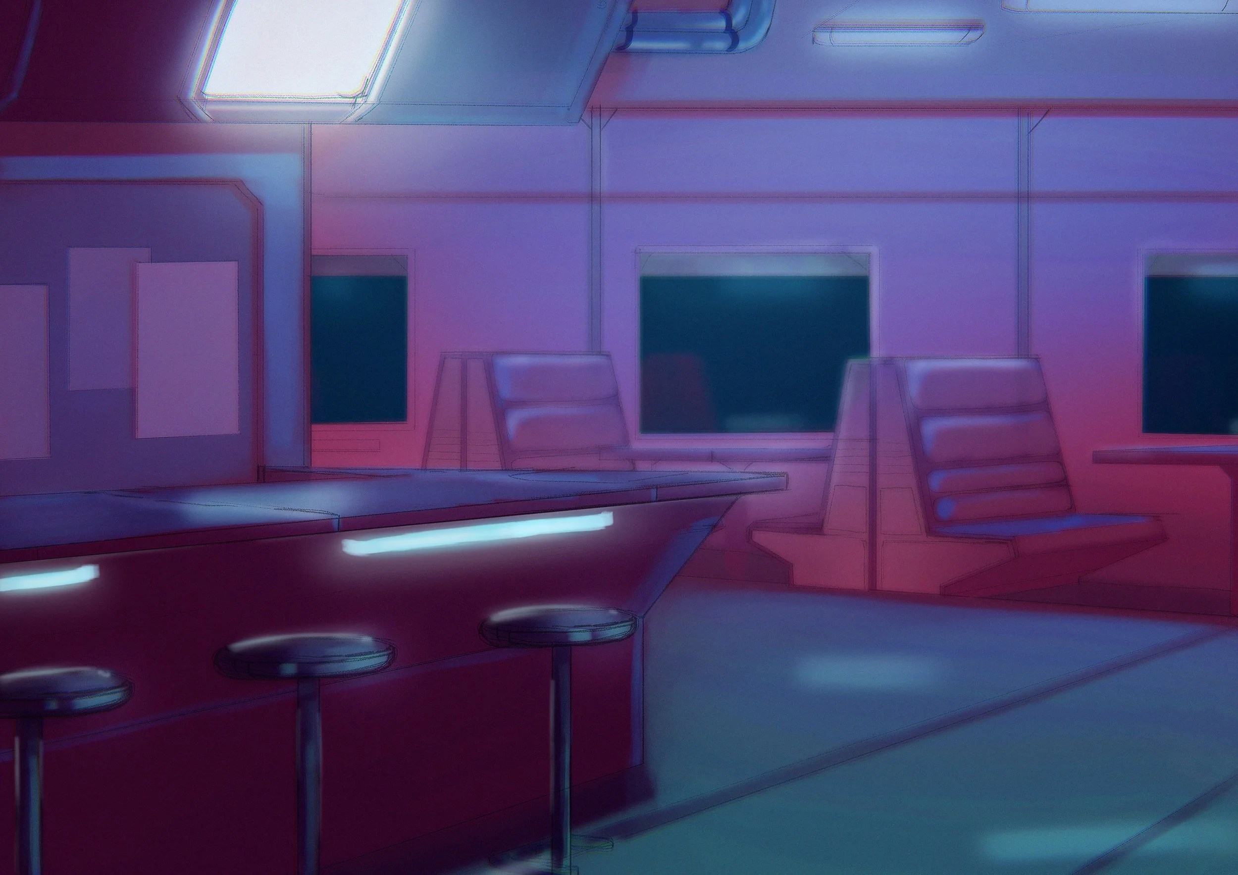 Planche de concept art de la BD "GENESIS", représentant un bar au style futuriste.