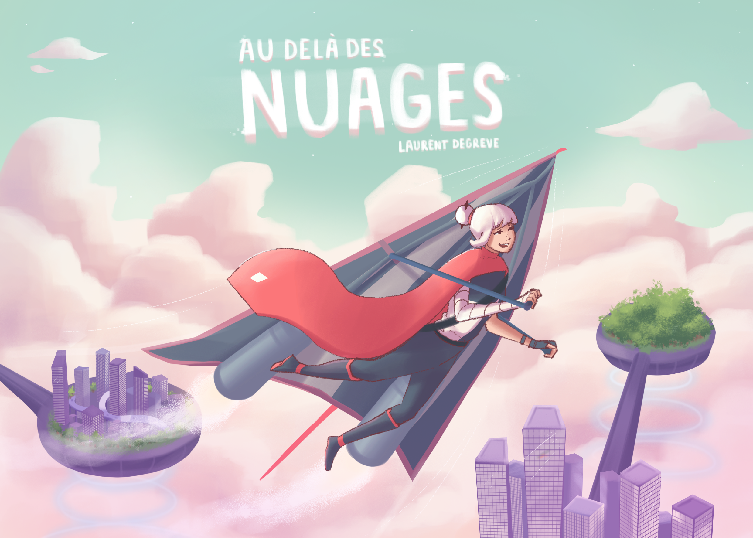 Couverture du livre d'illustration "Au-delà des nuages" par Laurent Degreve aka Neytix, représentant le personnage principal Haida en train d'utiliser son appareil volant dans les îles flottantes.