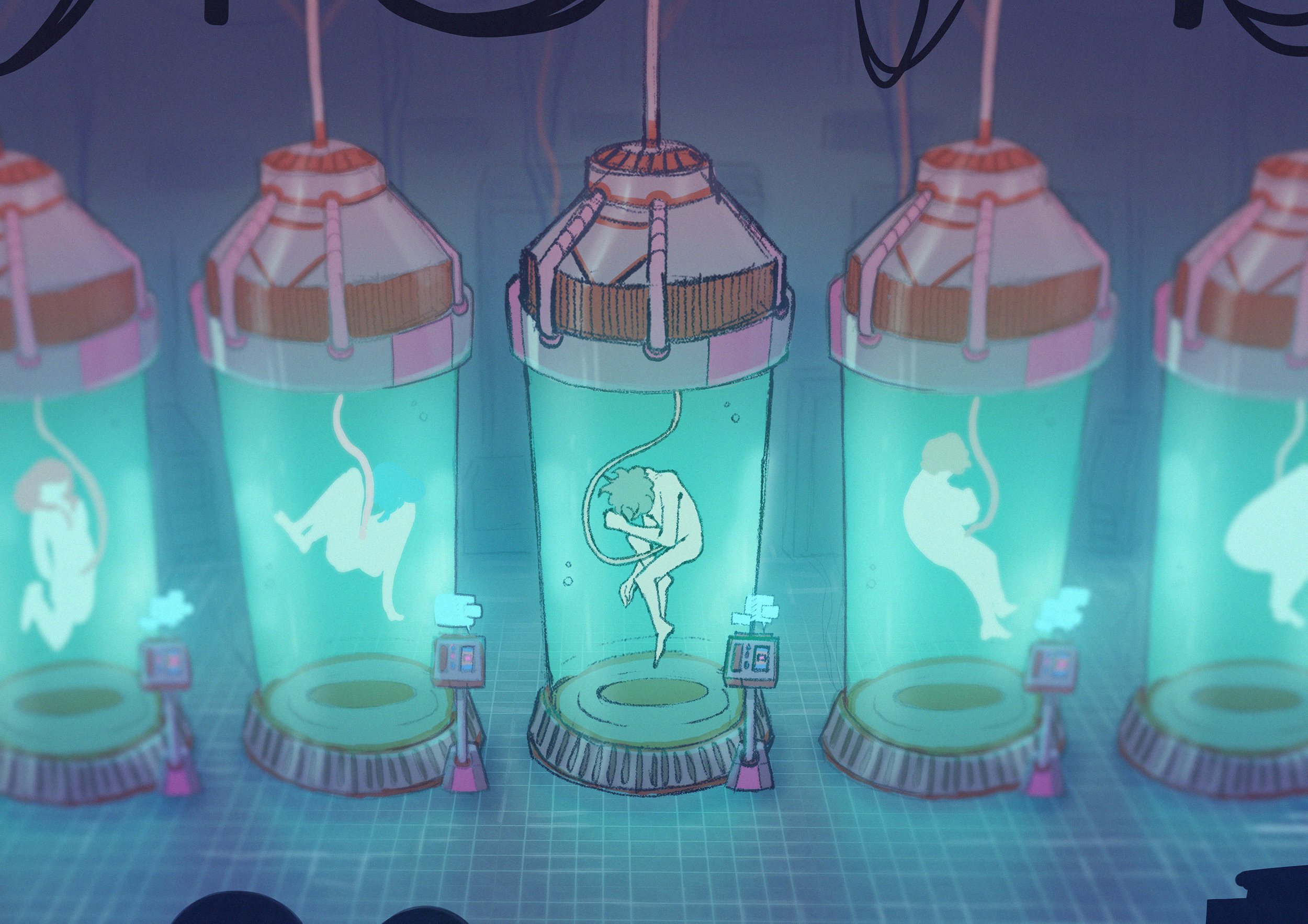 Planche de concept art de la BD "GENESIS", représentant des dispositifs cylindriques futuristes avec des humains dedans, dans une atmosphère froide de laboratoire.