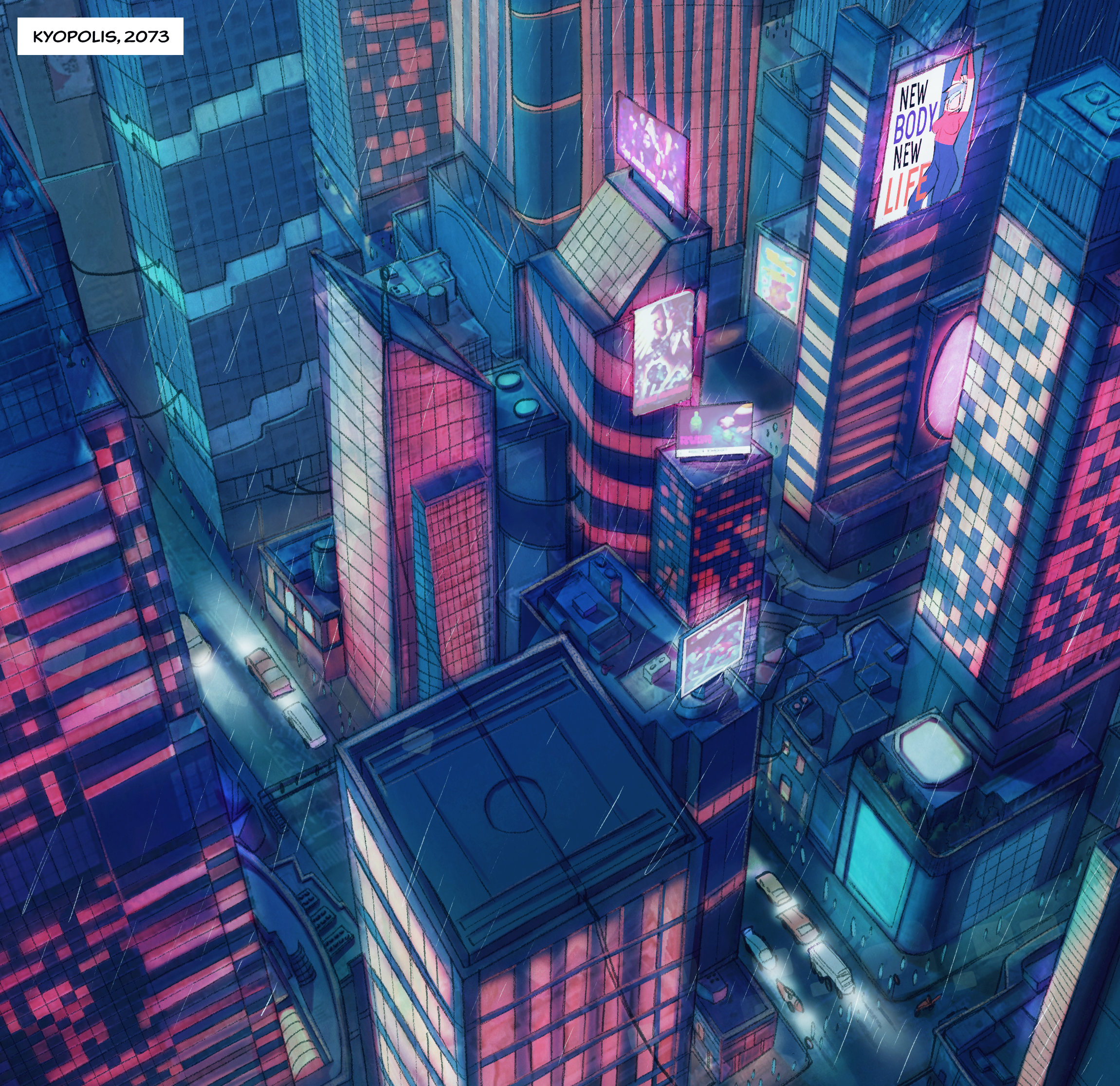 Illustration futuriste de la ville cyberpunk nommée "Kyopolis" de la BD "GENESIS", représentant des gratte-ciel illuminés de néons rose, bleu et violet, affichant des publicités numériques et des écrans lumineux.