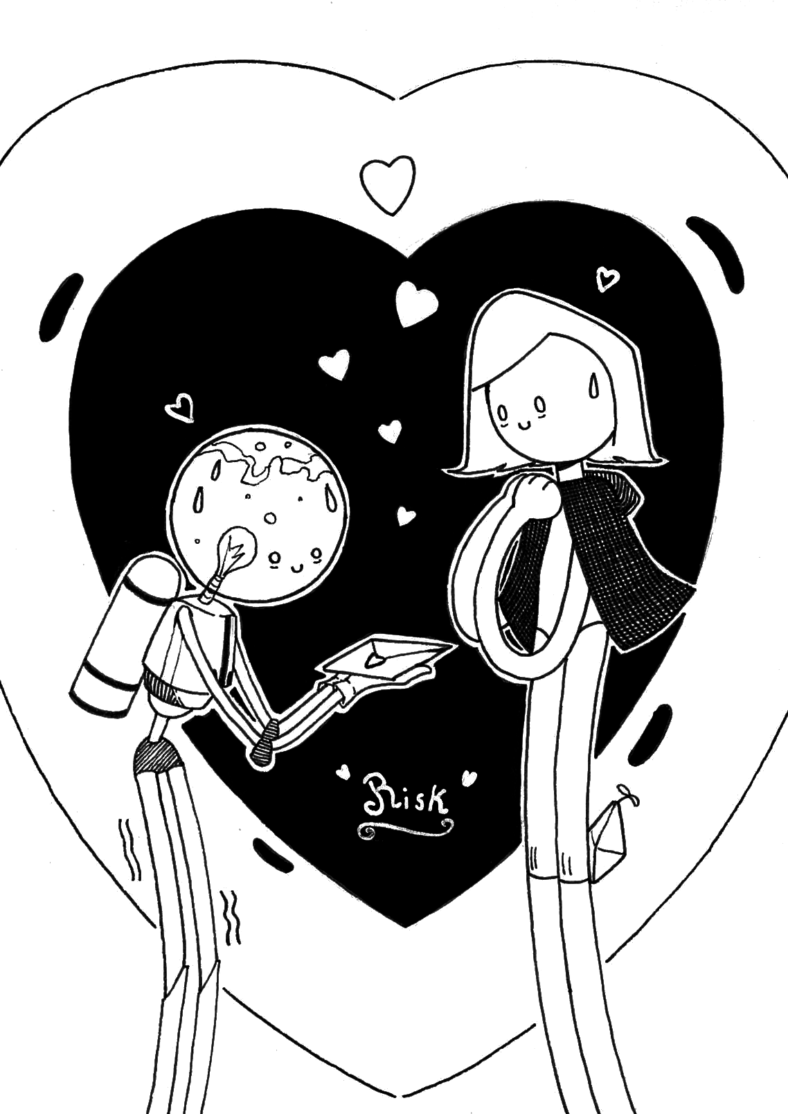 Illustration du Inktober 2021 représentant deux personnages originaux se déclarant leur flamme. Le mot était "Risk".