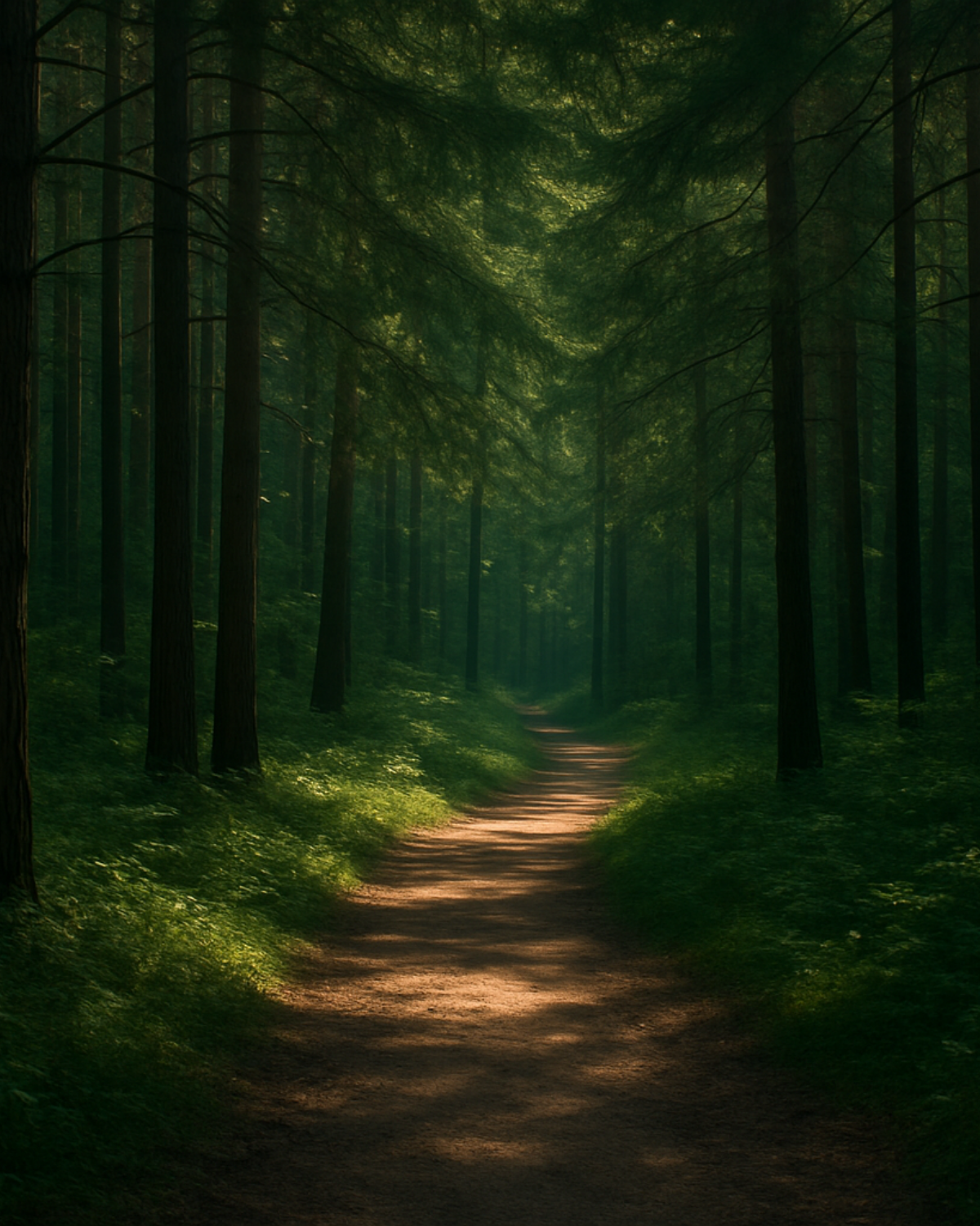 dappled sunlight path through dark green forest