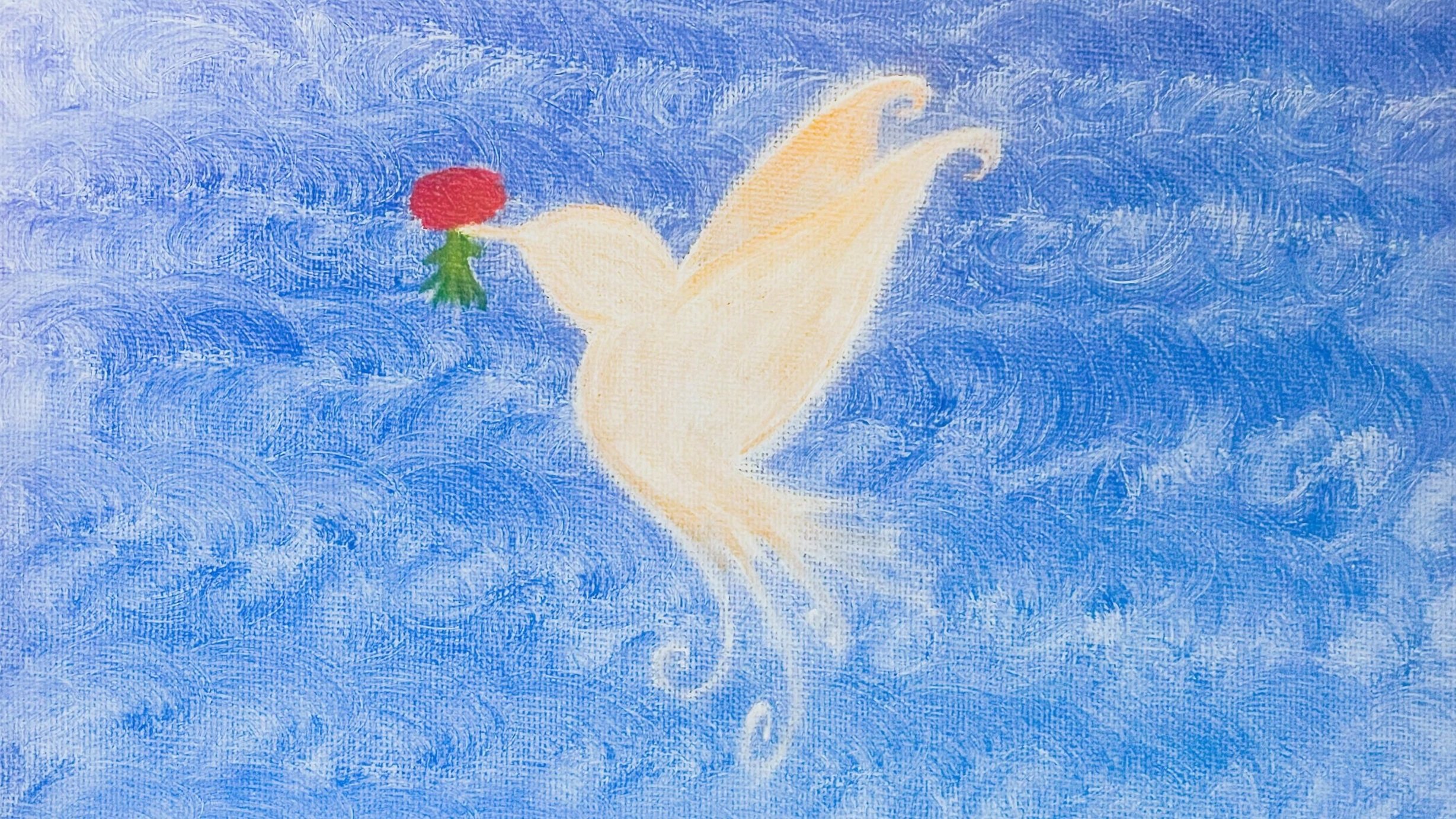 A painting of a white dove holding a red flower in its beak against a blue swirling background.