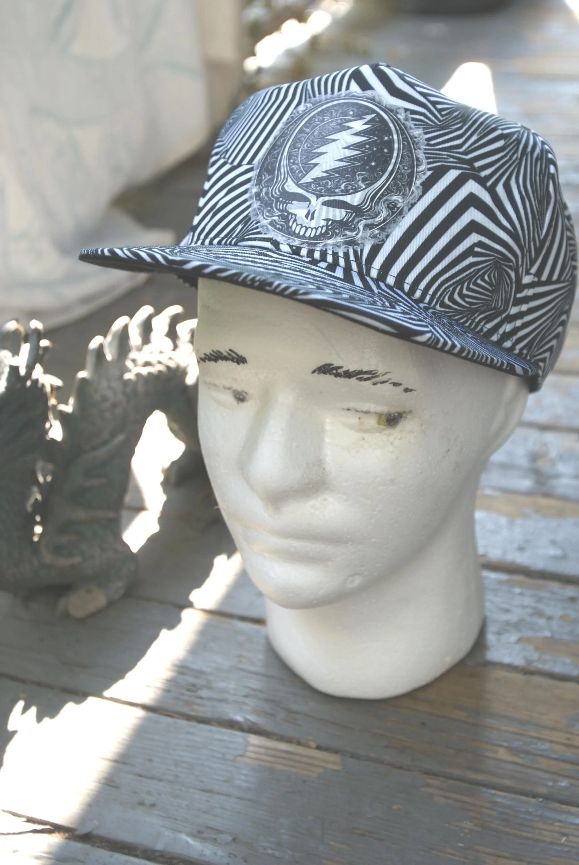 Midnight Whisper Zebra 5 Panel Flat Brim Snapback Hat, Grateful Dead Inspired Steal Your Face Cap, Psychedelic Deadhead Festival Hat OOAK