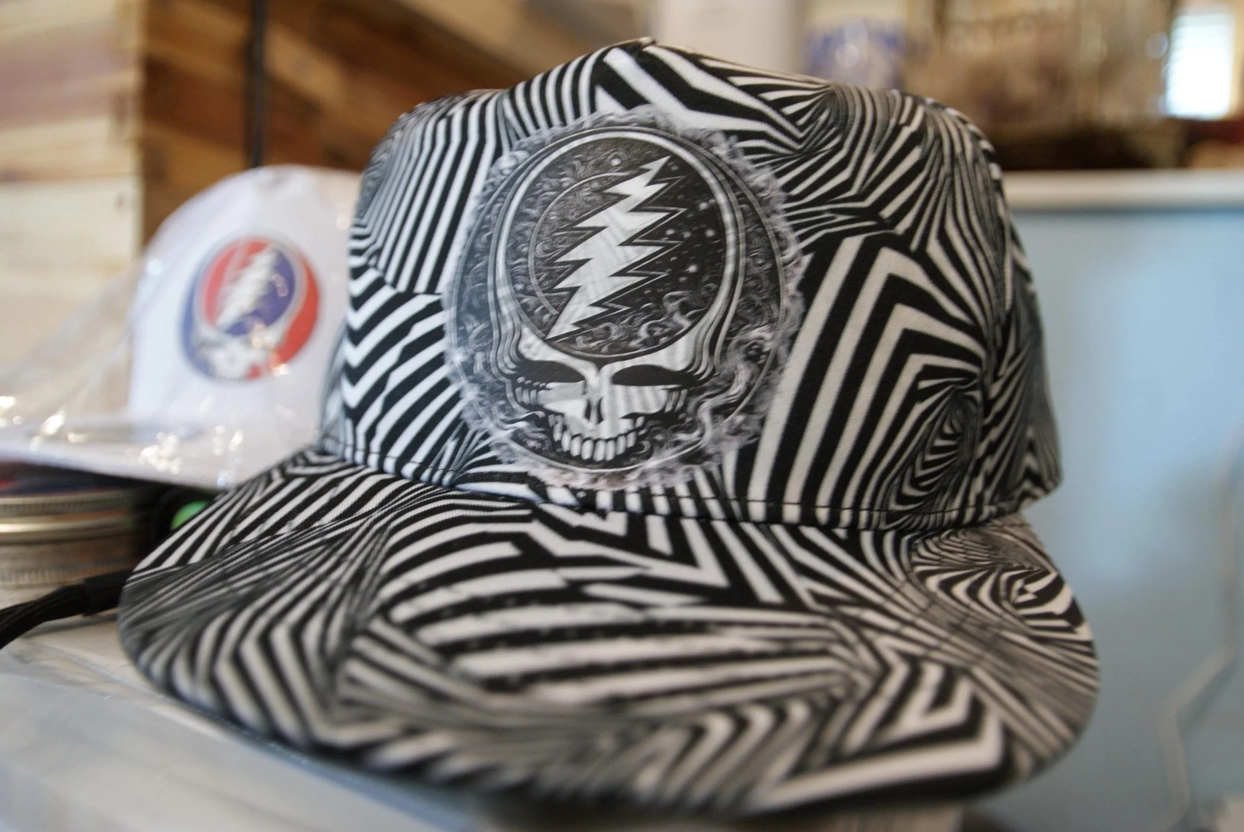 Midnight Whisper Zebra 5 Panel Flat Brim Snapback Hat, Grateful Dead Inspired Steal Your Face Cap, Psychedelic Deadhead Festival Hat OOAK