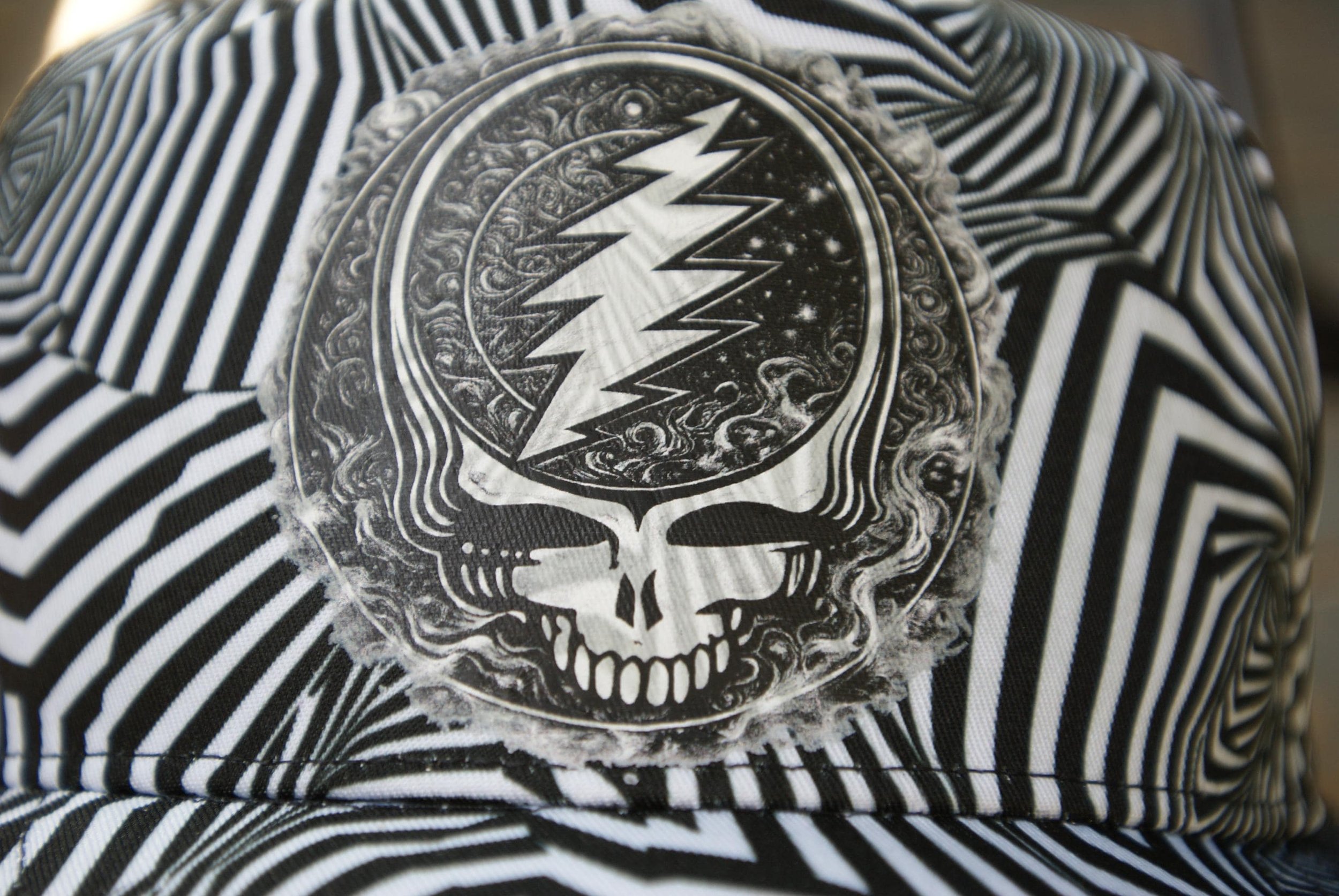 Midnight Whisper Zebra 5 Panel Flat Brim Snapback Hat, Grateful Dead Inspired Steal Your Face Cap, Psychedelic Deadhead Festival Hat OOAK