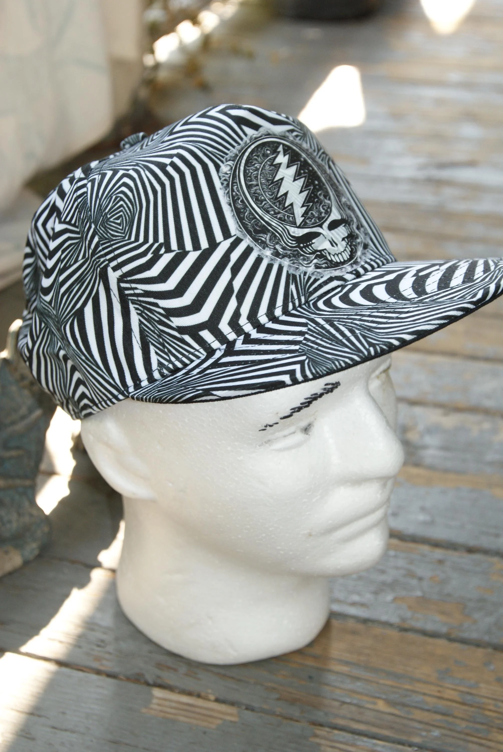 Midnight Whisper Zebra 5 Panel Flat Brim Snapback Hat, Grateful Dead Inspired Steal Your Face Cap, Psychedelic Deadhead Festival Hat OOAK