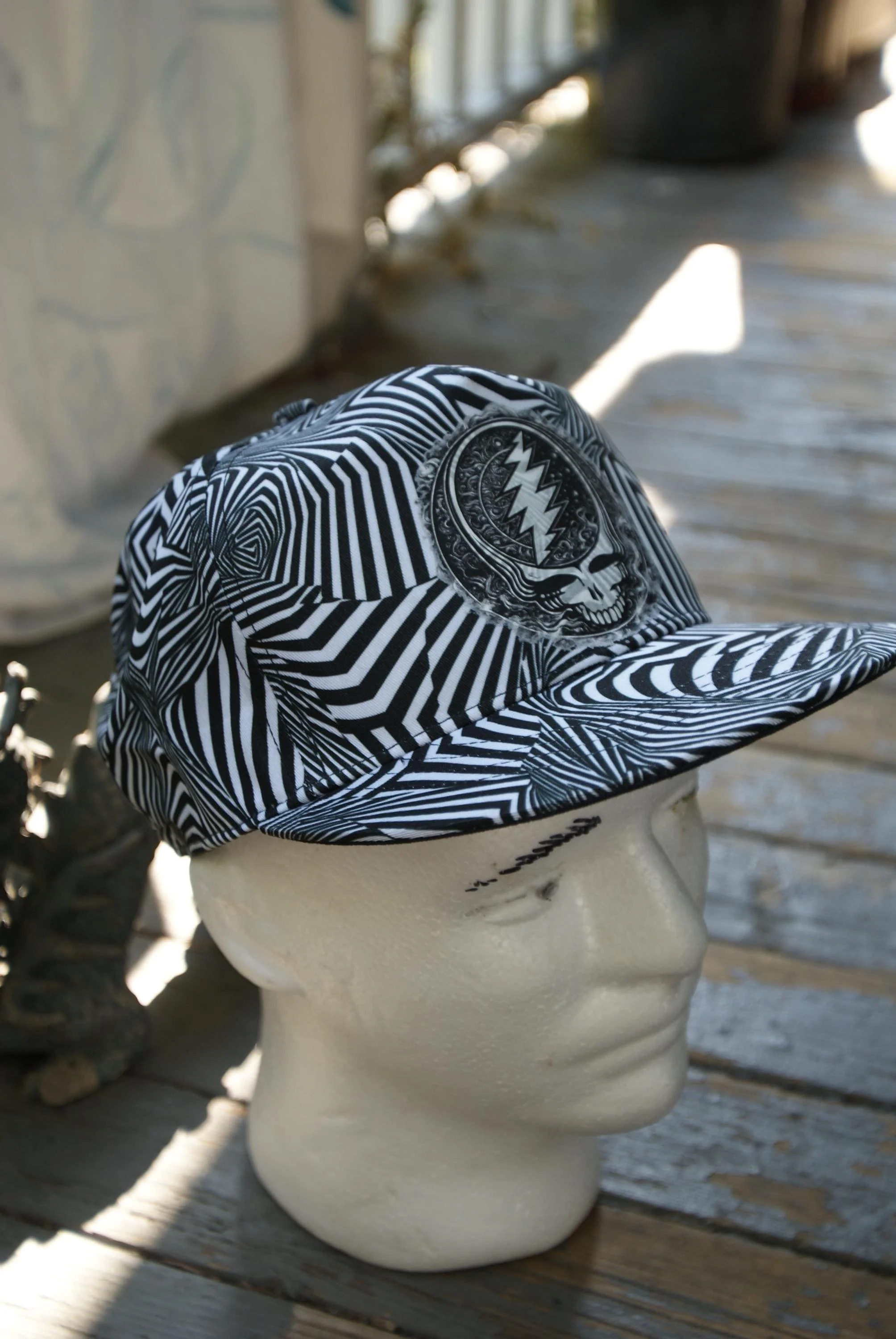 Midnight Whisper Zebra 5 Panel Flat Brim Snapback Hat, Grateful Dead Inspired Steal Your Face Cap, Psychedelic Deadhead Festival Hat OOAK