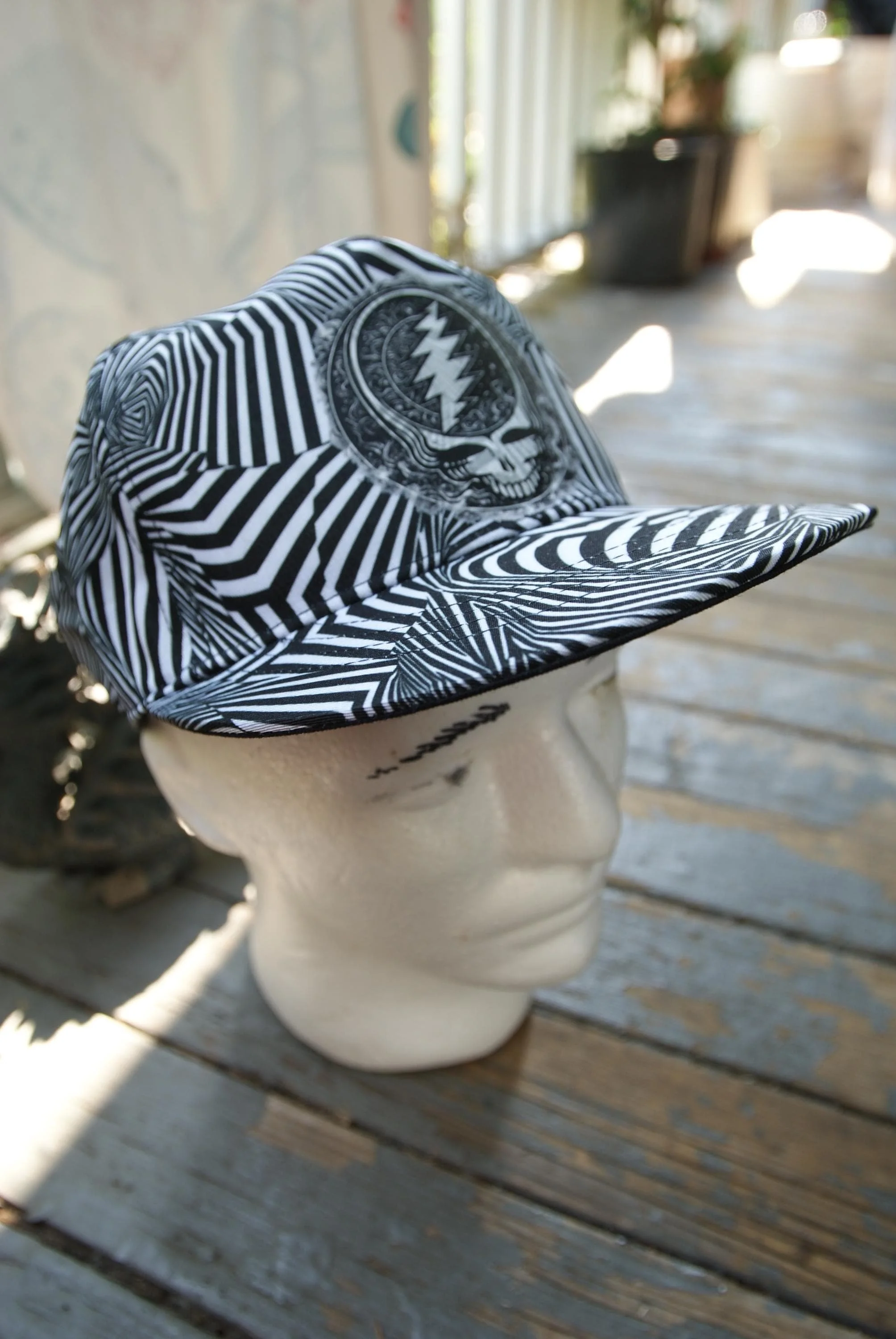 Midnight Whisper Zebra 5 Panel Flat Brim Snapback Hat, Grateful Dead Inspired Steal Your Face Cap, Psychedelic Deadhead Festival Hat OOAK