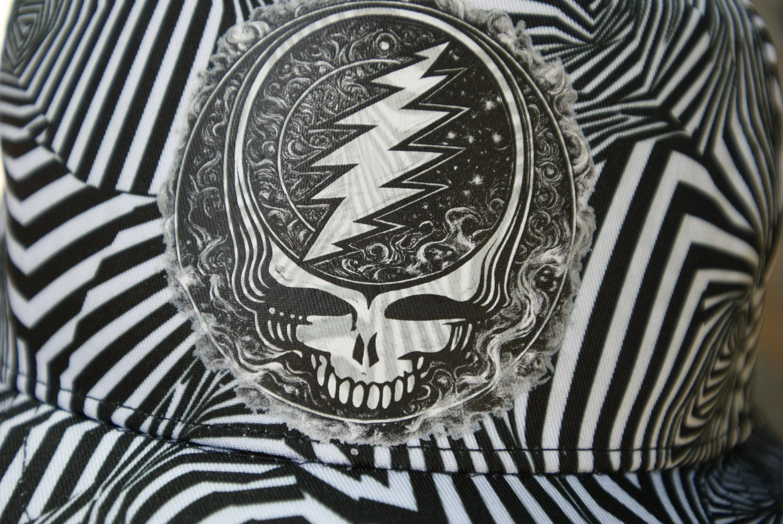 Midnight Whisper Zebra 5 Panel Flat Brim Snapback Hat, Grateful Dead Inspired Steal Your Face Cap, Psychedelic Deadhead Festival Hat OOAK
