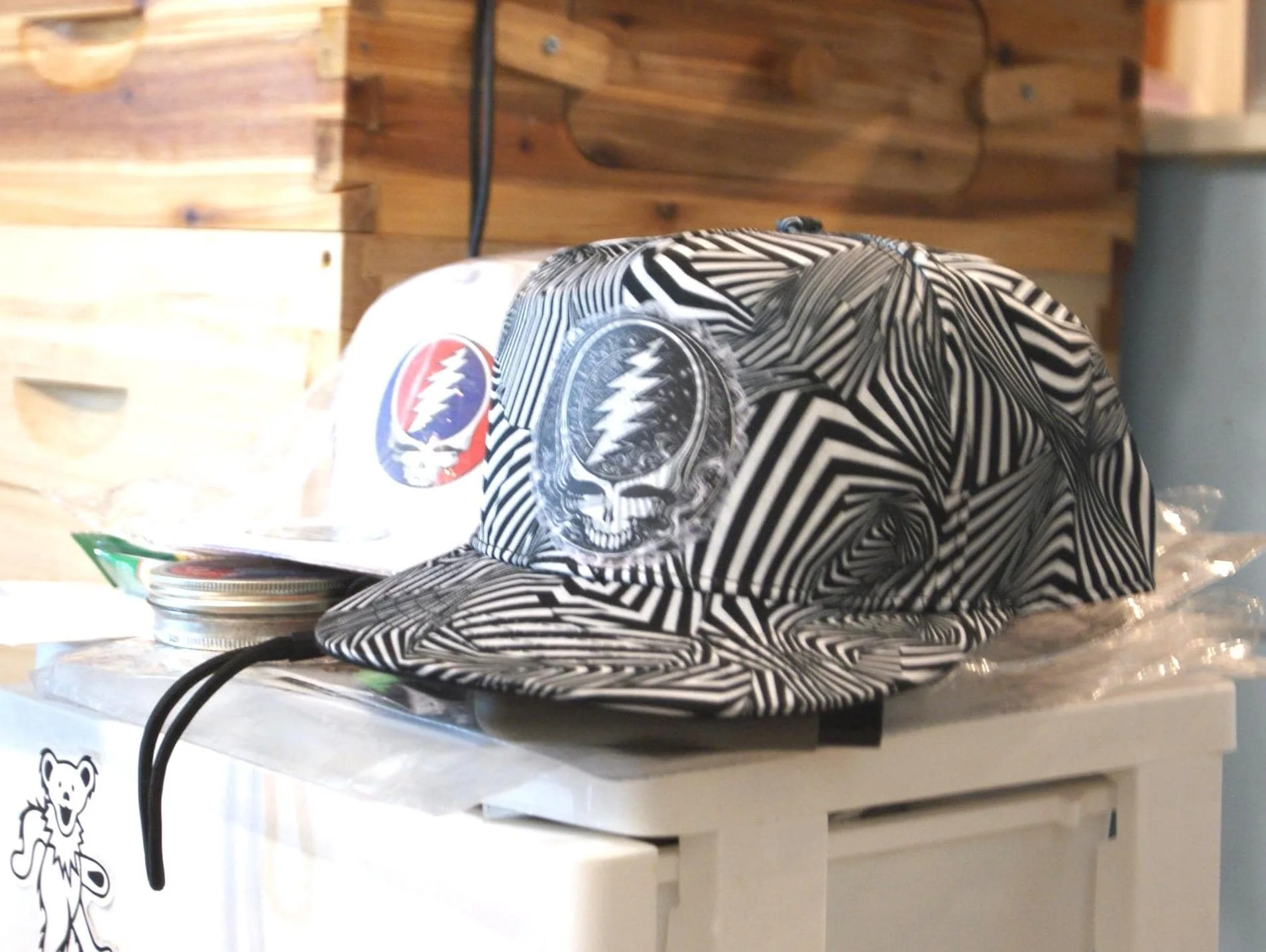 Midnight Whisper Zebra 5 Panel Flat Brim Snapback Hat, Grateful Dead Inspired Steal Your Face Cap, Psychedelic Deadhead Festival Hat OOAK