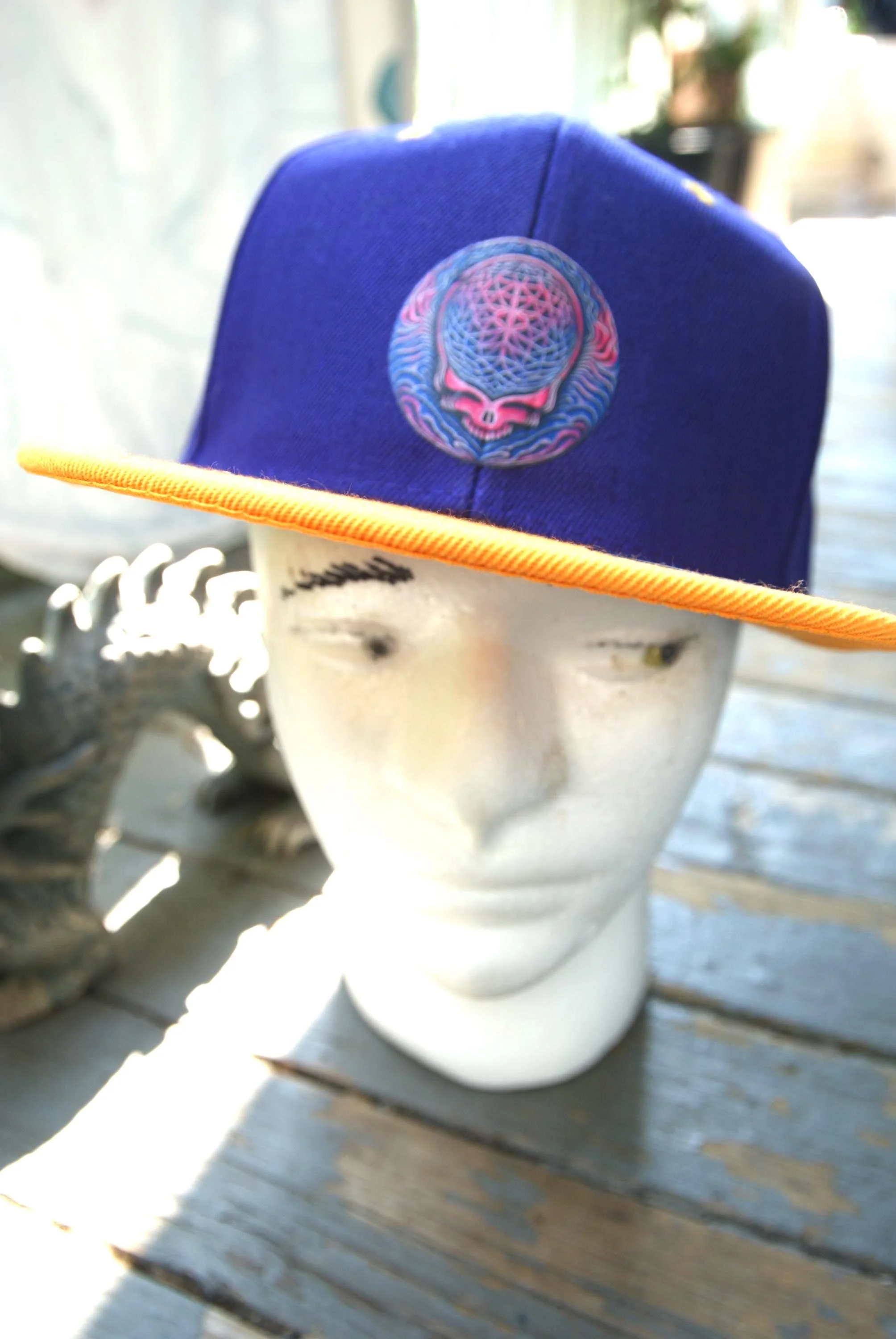 Grateful Dead Inspired Cosmic Stealie Psycho Variant Purple Gold Snapback Hat, Psychedelic Steal Your Face Flat Brim Deadhead Festival Cap