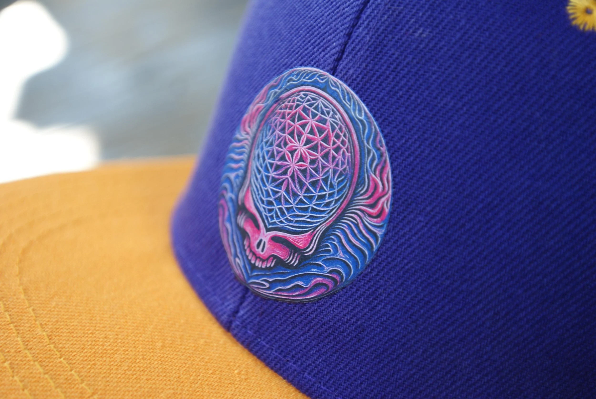 Grateful Dead Inspired Cosmic Stealie Psycho Variant Purple Gold Snapback Hat, Psychedelic Steal Your Face Flat Brim Deadhead Festival Cap