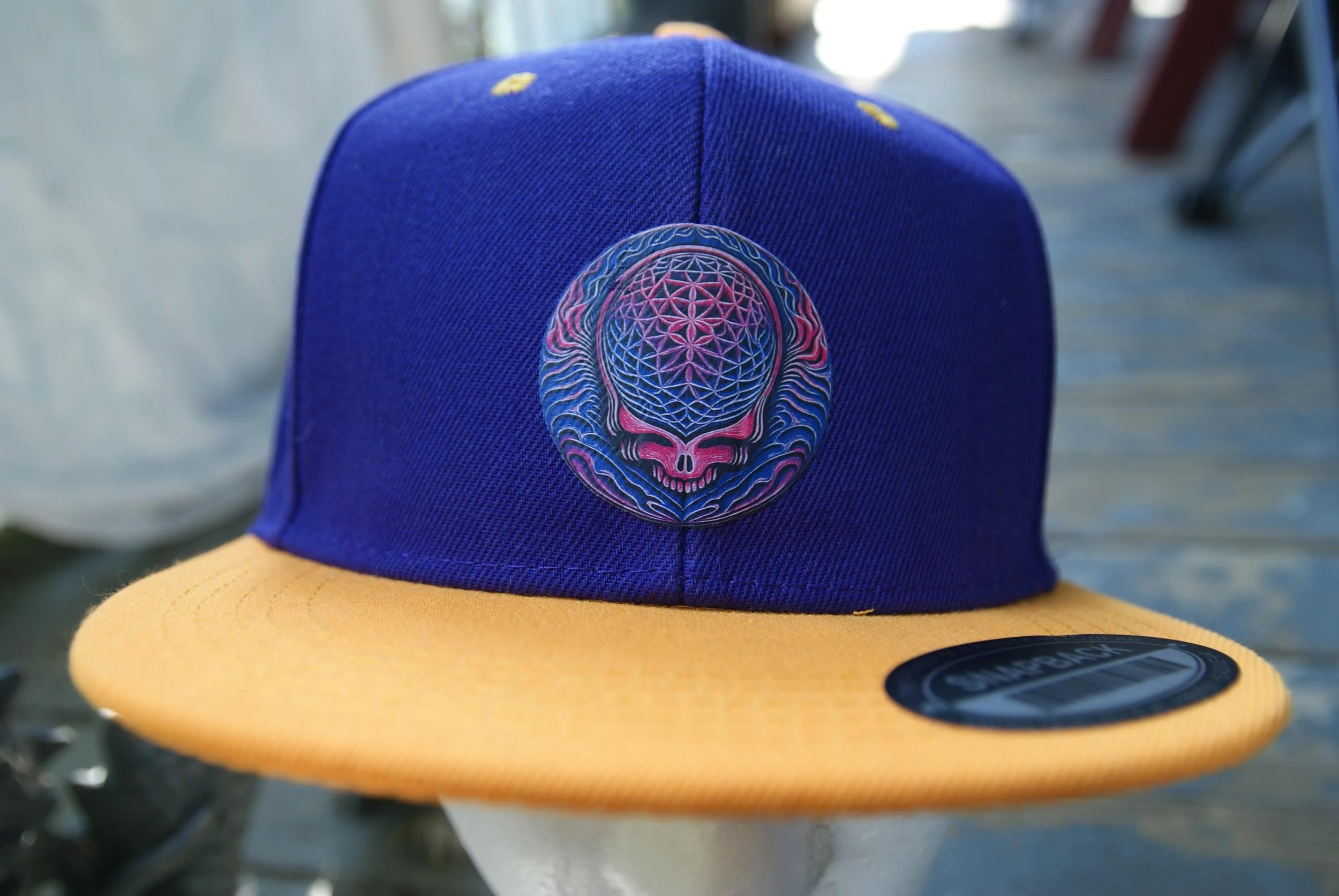 Grateful Dead Inspired Cosmic Stealie Psycho Variant Purple Gold Snapback Hat, Psychedelic Steal Your Face Flat Brim Deadhead Festival Cap
