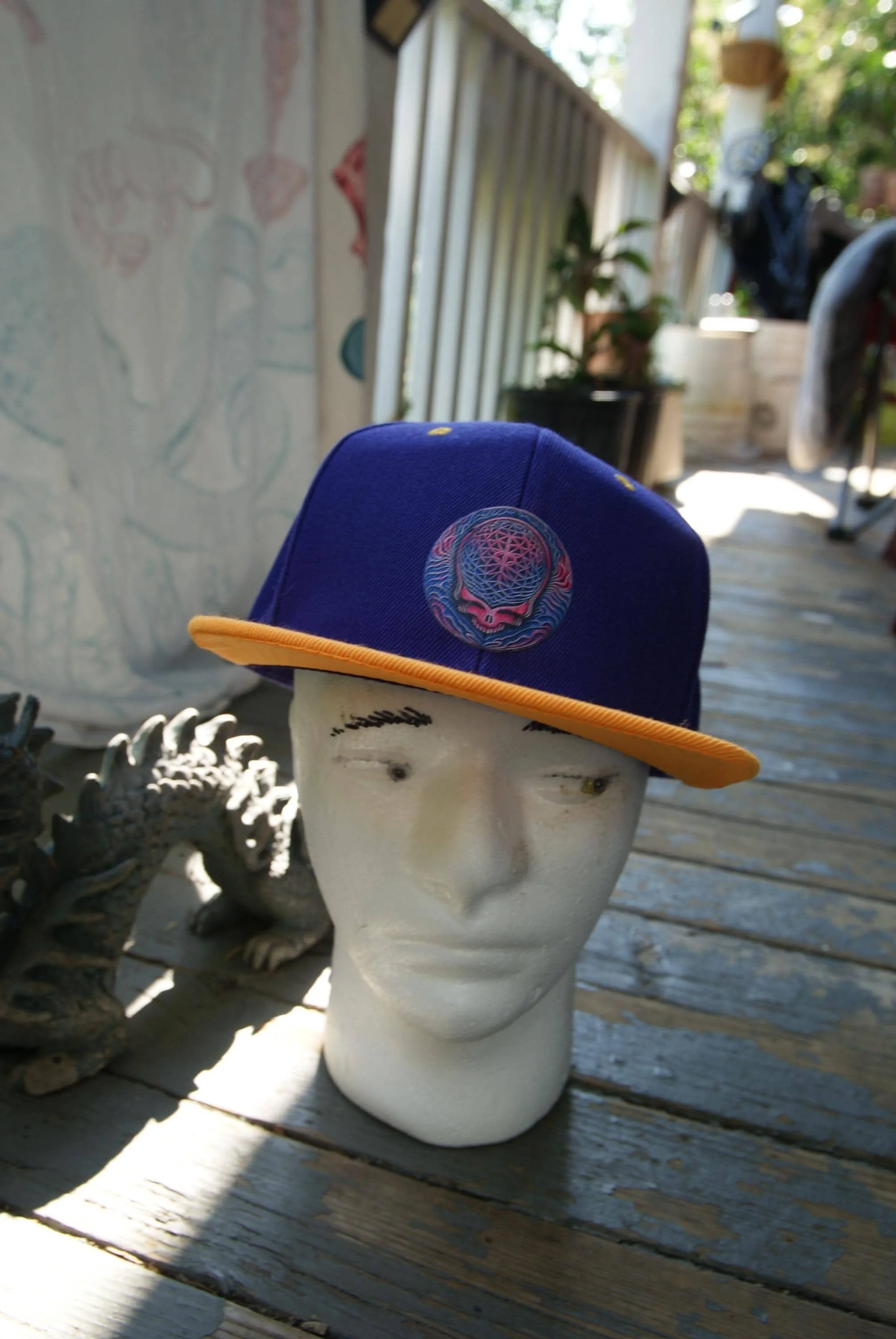 Grateful Dead Inspired Cosmic Stealie Psycho Variant Purple Gold Snapback Hat, Psychedelic Steal Your Face Flat Brim Deadhead Festival Cap