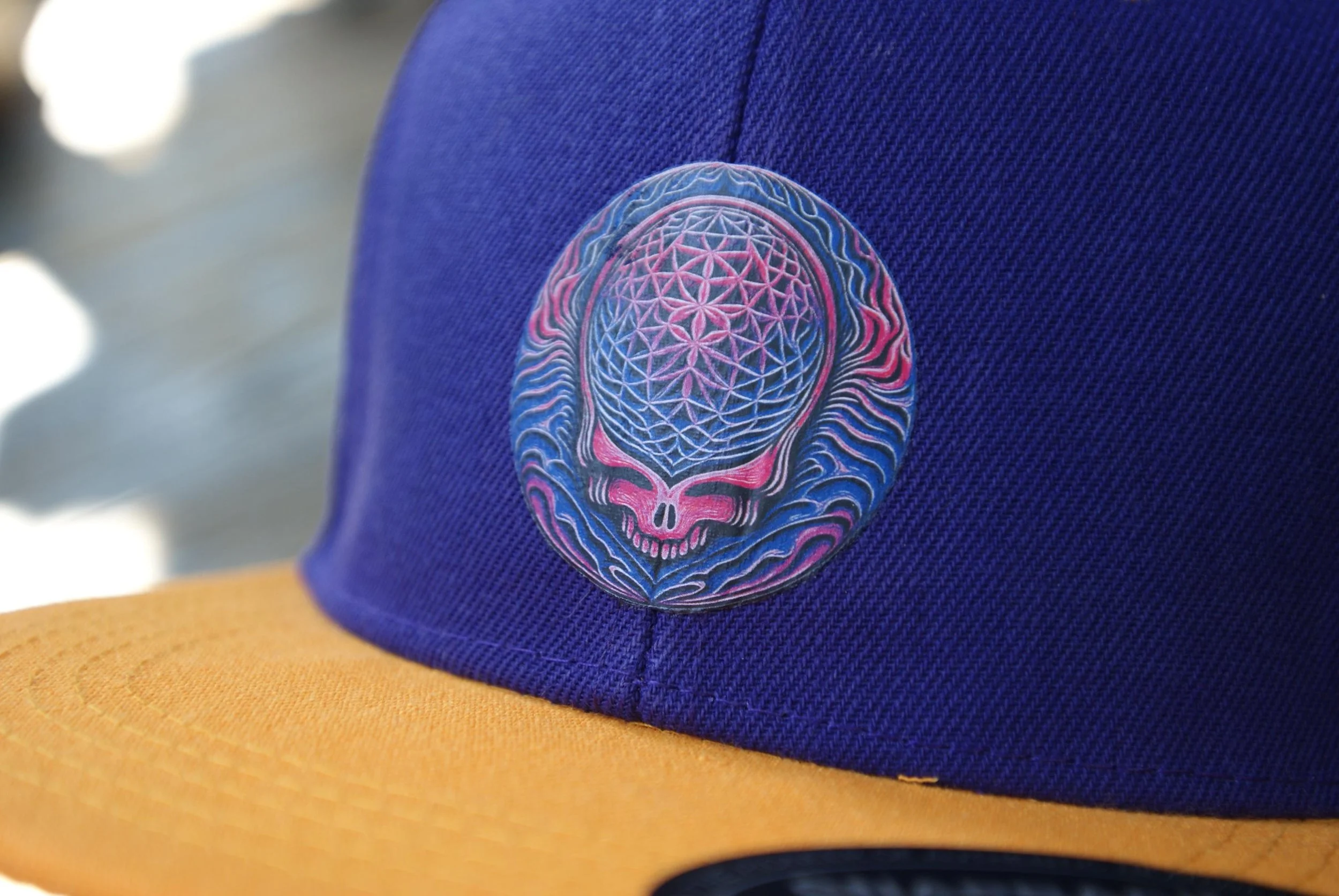 Grateful Dead Inspired Cosmic Stealie Psycho Variant Purple Gold Snapback Hat, Psychedelic Steal Your Face Flat Brim Deadhead Festival Cap